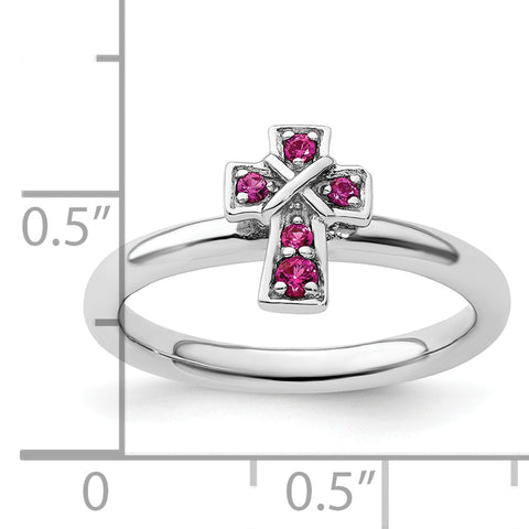 Sterling Silver Stackable Expressions Rhodium Created Ruby Cross Ring