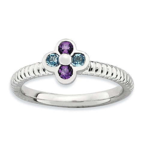 Sterling Silver Stackable Expressions Blue Topaz & Amethyst Flower Ring - shirin-diamonds