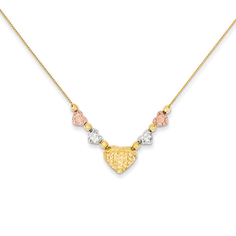 14k Tri-color Puff & Flat Hearts Necklace SF1878 - shirin-diamonds