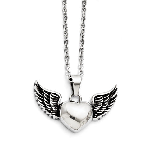 Stainless Steel Antiqued and Polished Heart with Wings Necklace SRN1353 - shirin-diamonds