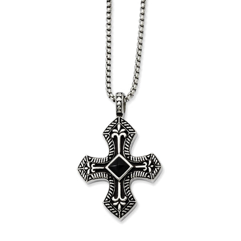 Stainless Steel Black Agate & Antiqued Cross Pendant Necklace SRN837 - shirin-diamonds