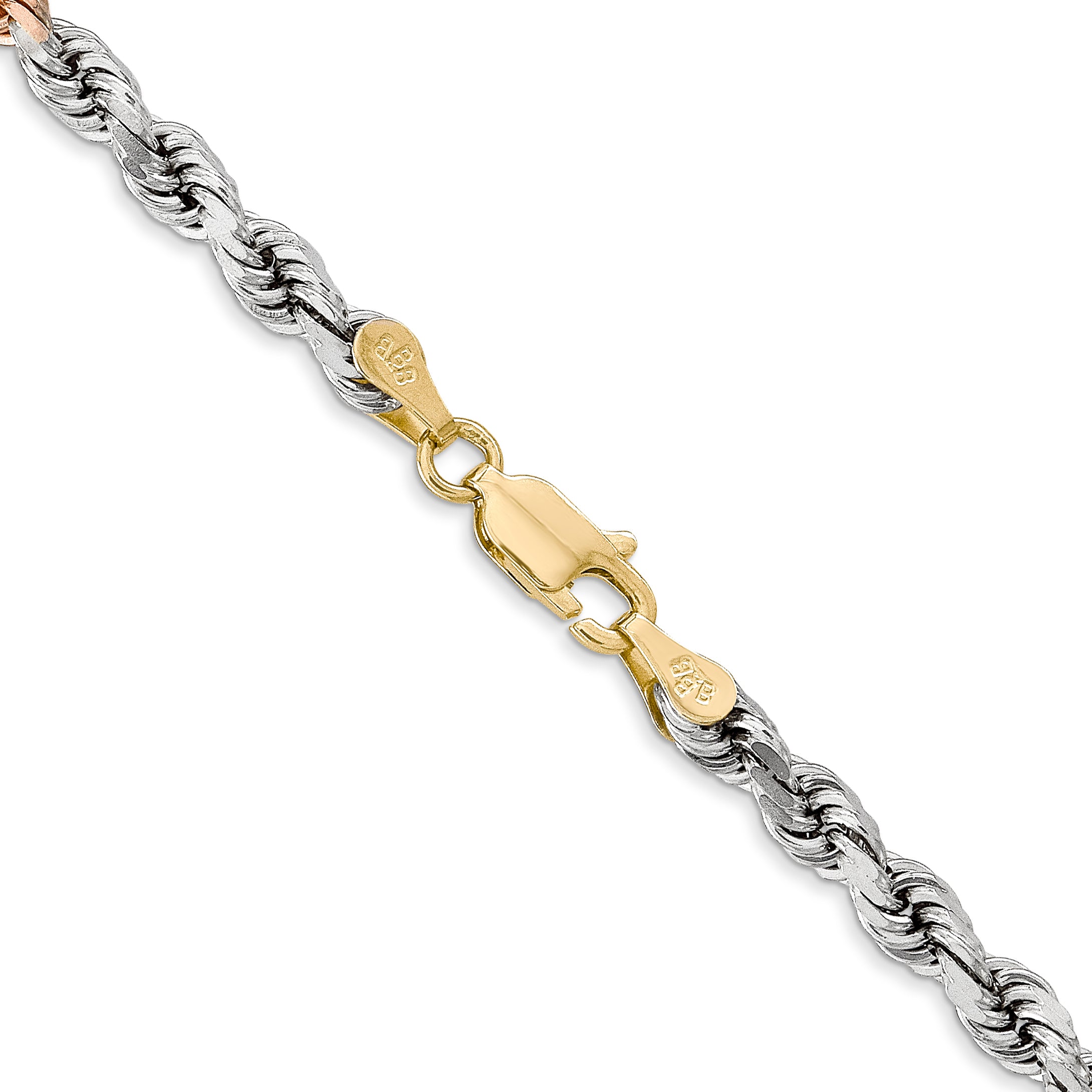 14K Tri-colored 7 inch 4mm Diamond-cut Rope with Lobster Clasp Chain