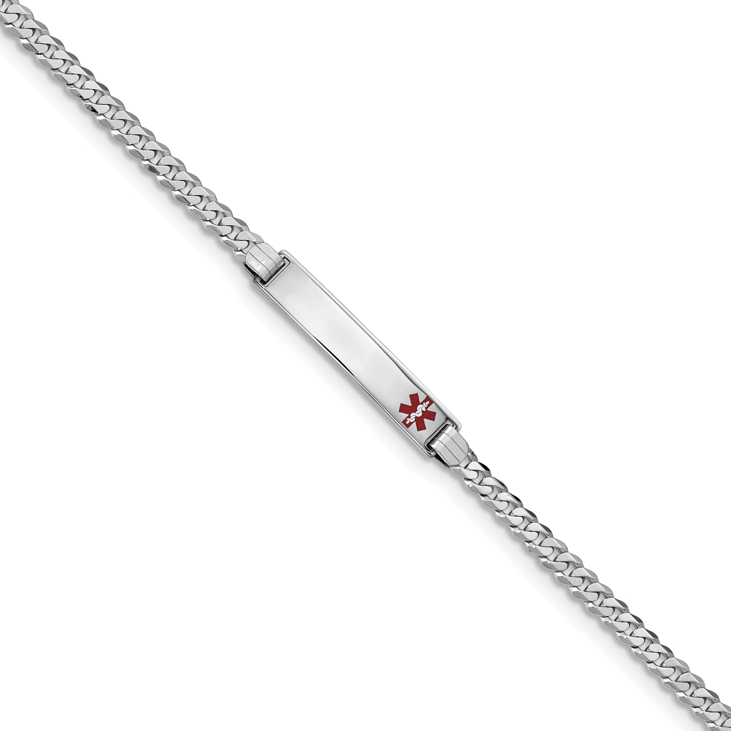 14K White Gold Medical Red Enamel Flat Curb Link Id Bracelet