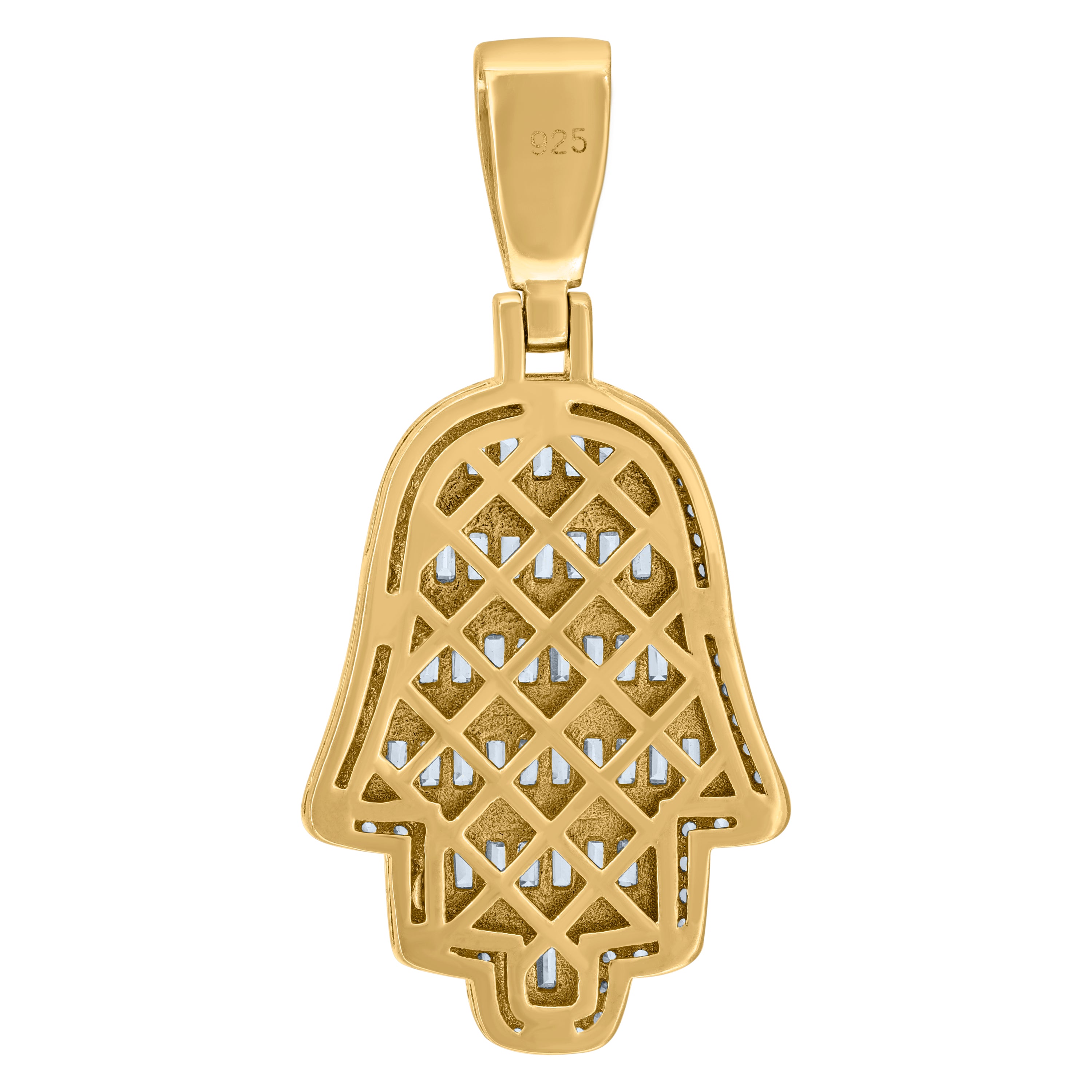925 Sterling Silver Yellow-Tone Mens Baguette Round Cubic-Zirconia Humsa Symbol Religious Charm Pendant