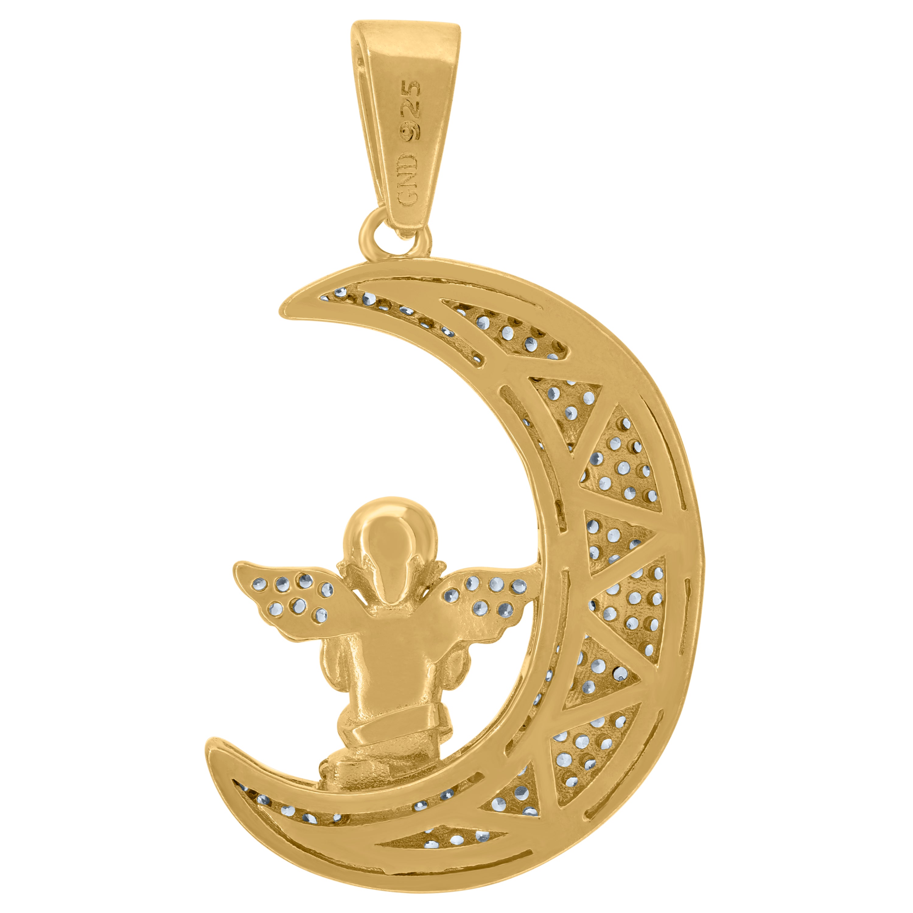 925 Sterling Silver Yellow-Tone Mens Cubic-Zirconia Angle Sitting On Half Moon Charm Pendant