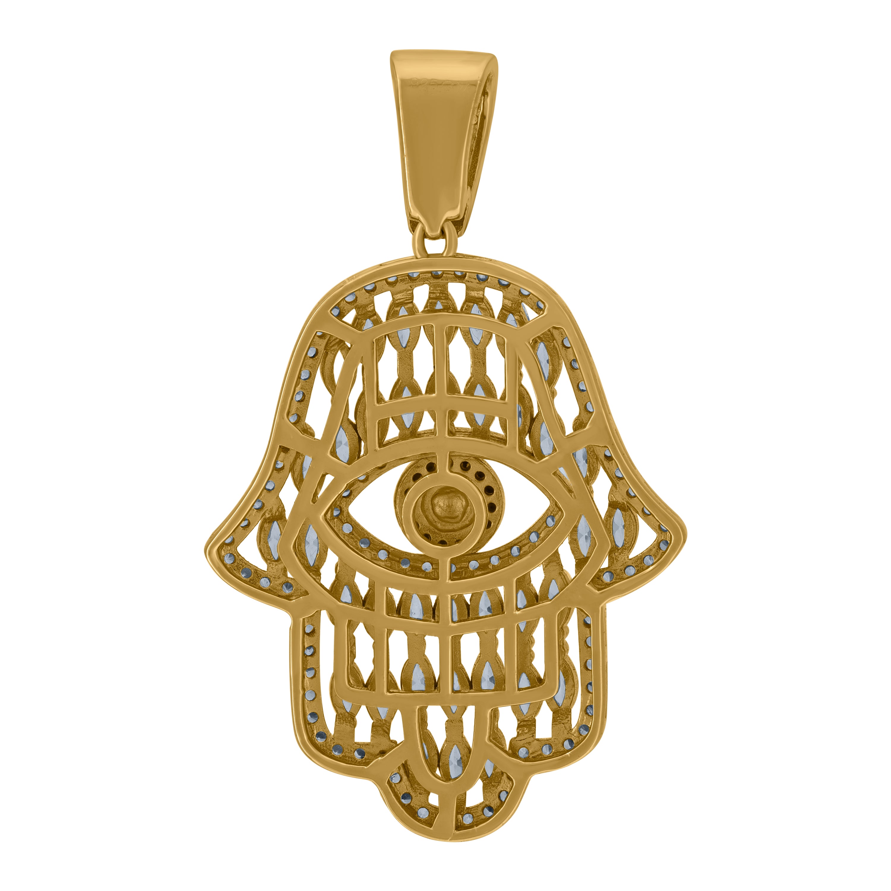 925 Sterling Silver Yellow-Tone Mens Blue Round & Marquise Cubic-Zirconia Humsa Symbol Religious Charm Pendant