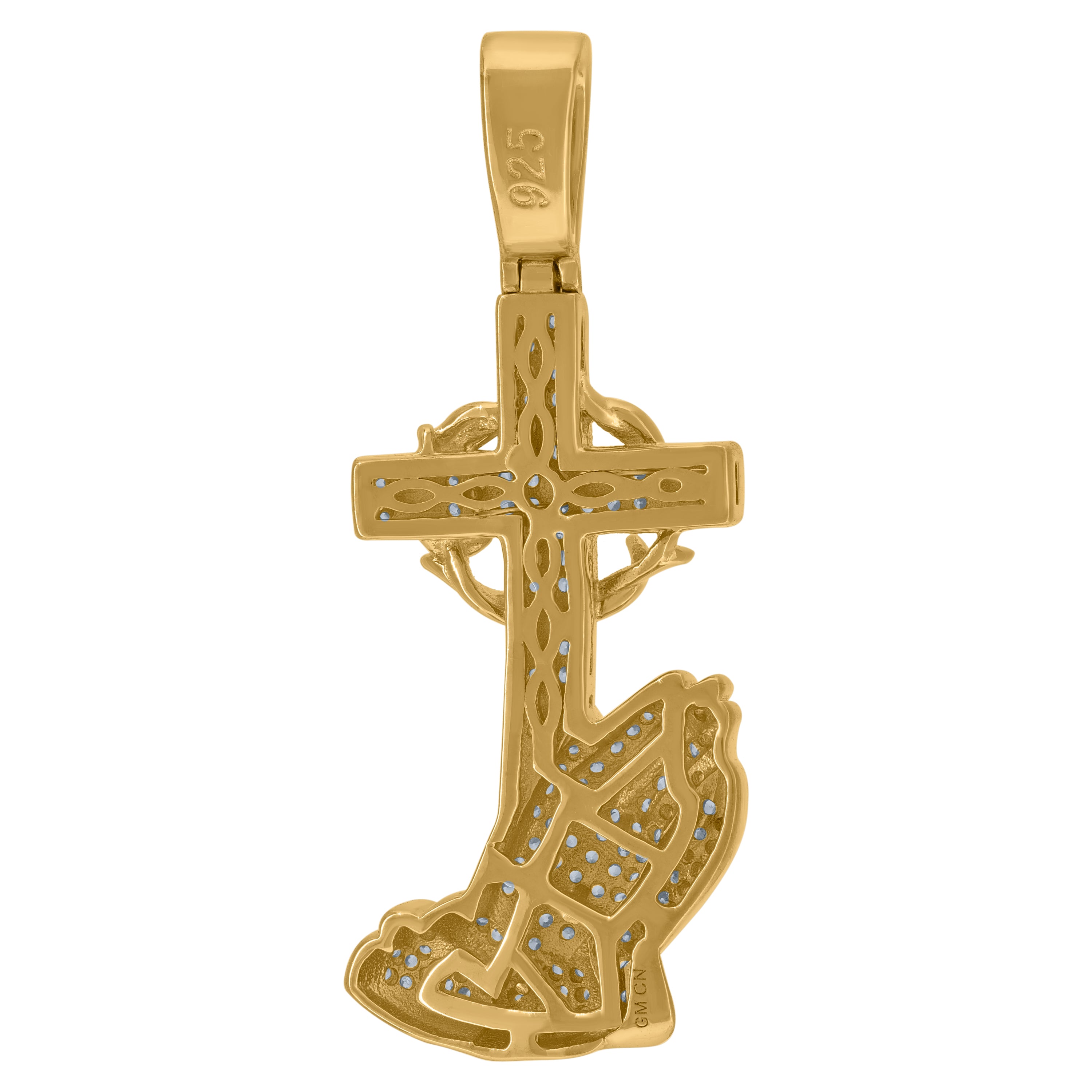 925 Sterling Silver Yellow-Tone Mens Cubic-Zirconia Praying Hands Cross Religious Charm Pendant