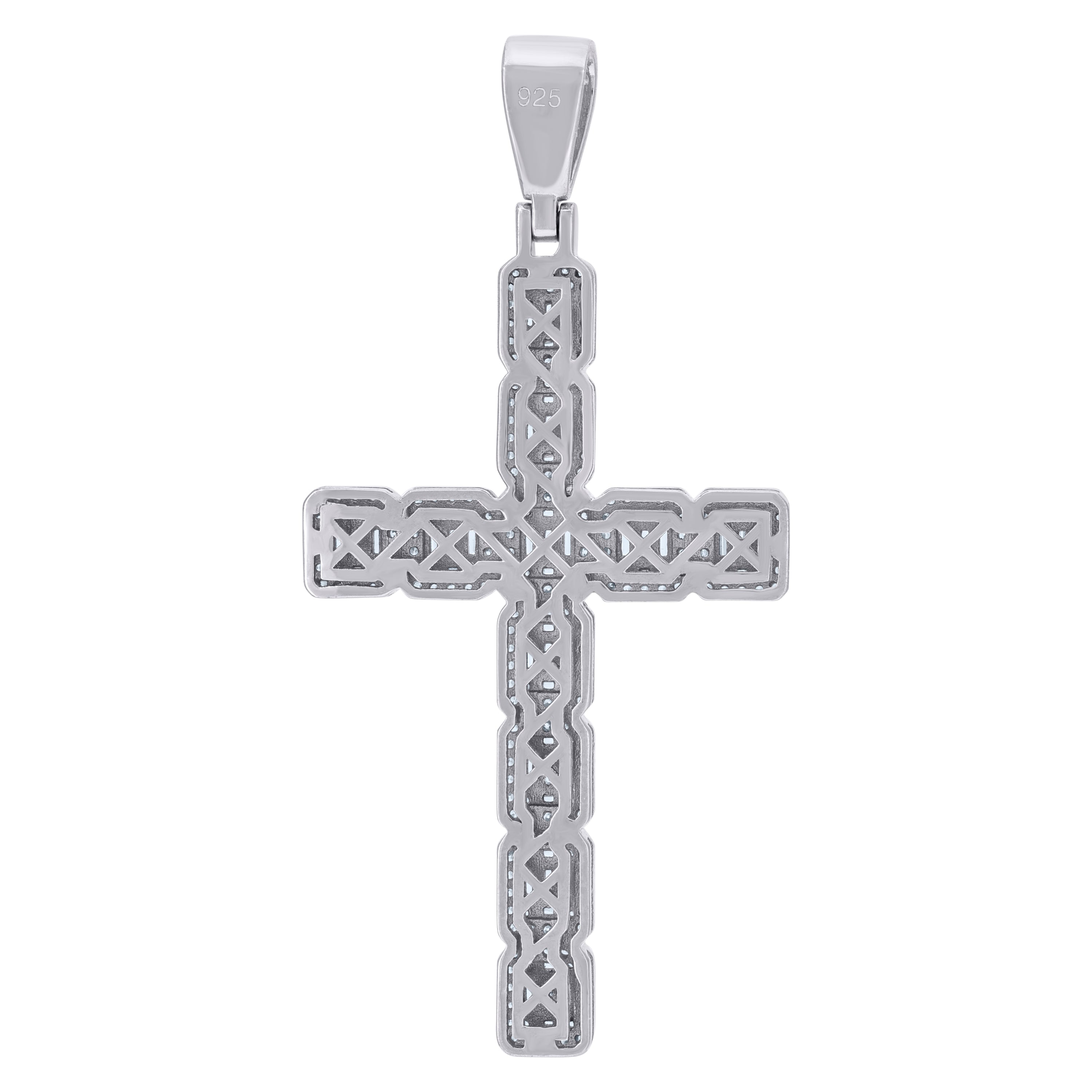 925 Sterling Silver Mens Baguette Round Cubic-Zirconia Cross Religious Charm Pendant