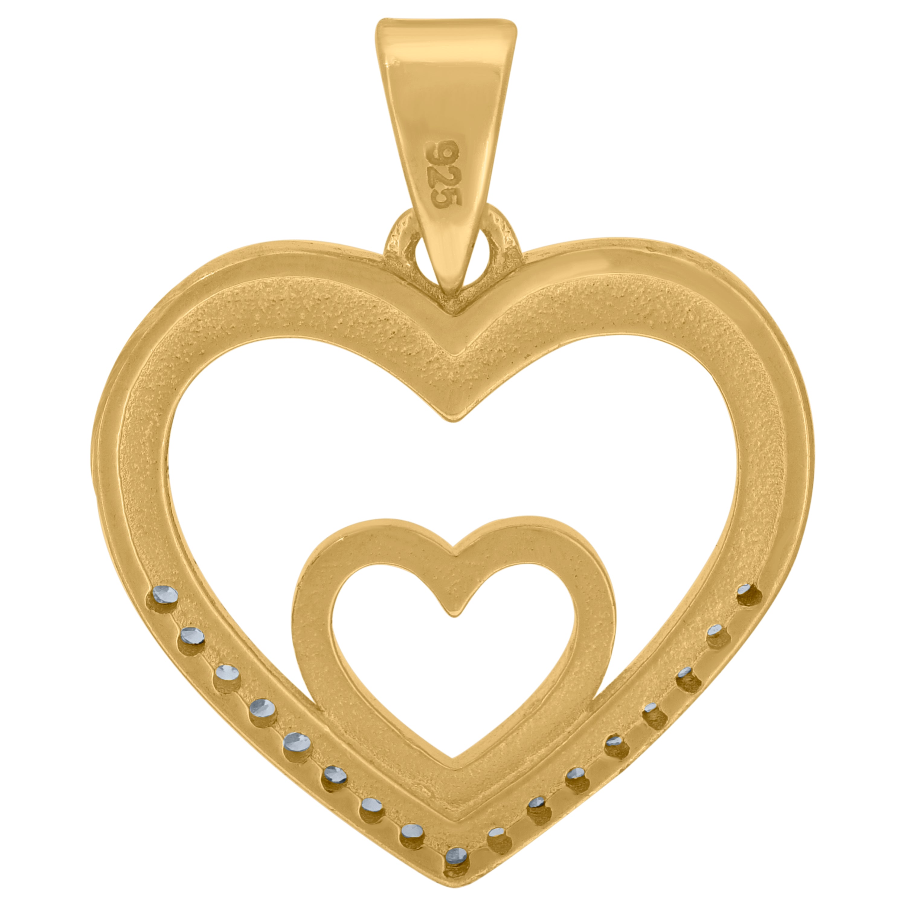 925 Sterling Silver Yellow-Tone Womens Cubic-Zirconia Double Heart Charm Pendant