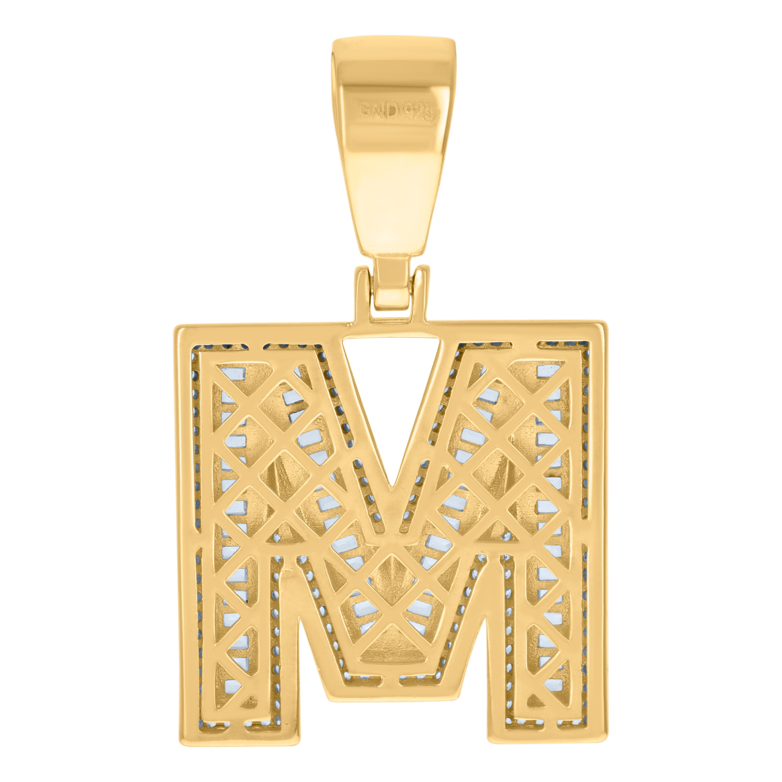 925 Sterling Silver Yellow-Tone Mens Baguette Round Cubic-Zirconia M Alphabet Initials Charm Pendant