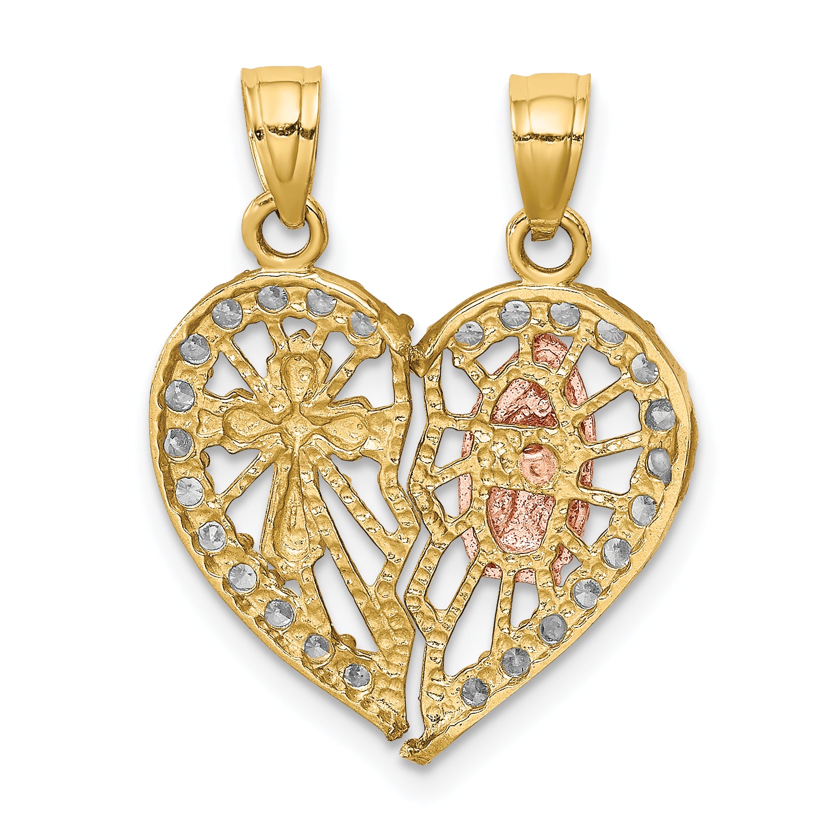 10k Two-tone w/ White Rhodium CZ Religious Break-apart Heart Pendant