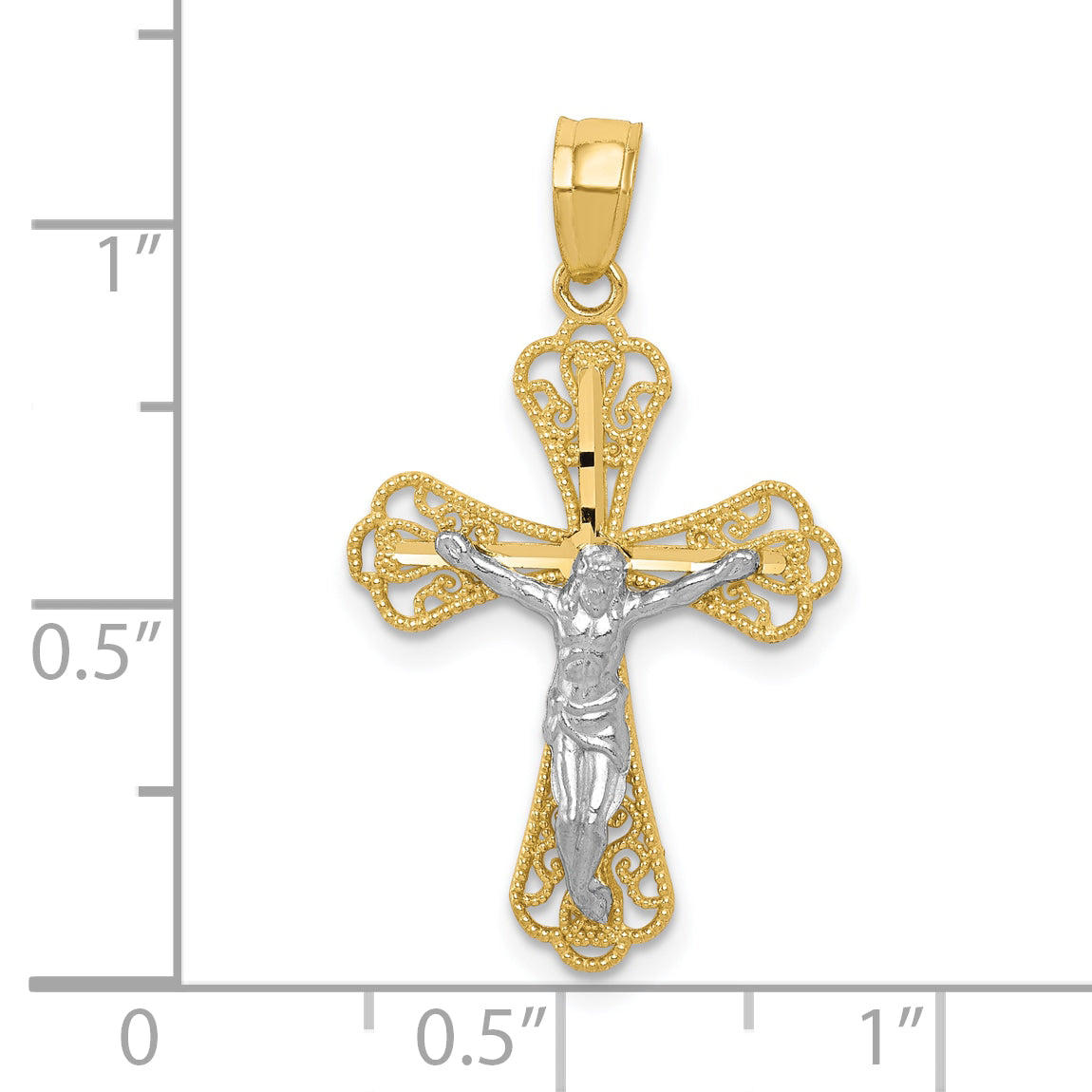 10K w/ Rhodium Filigree Crucifix Pendant