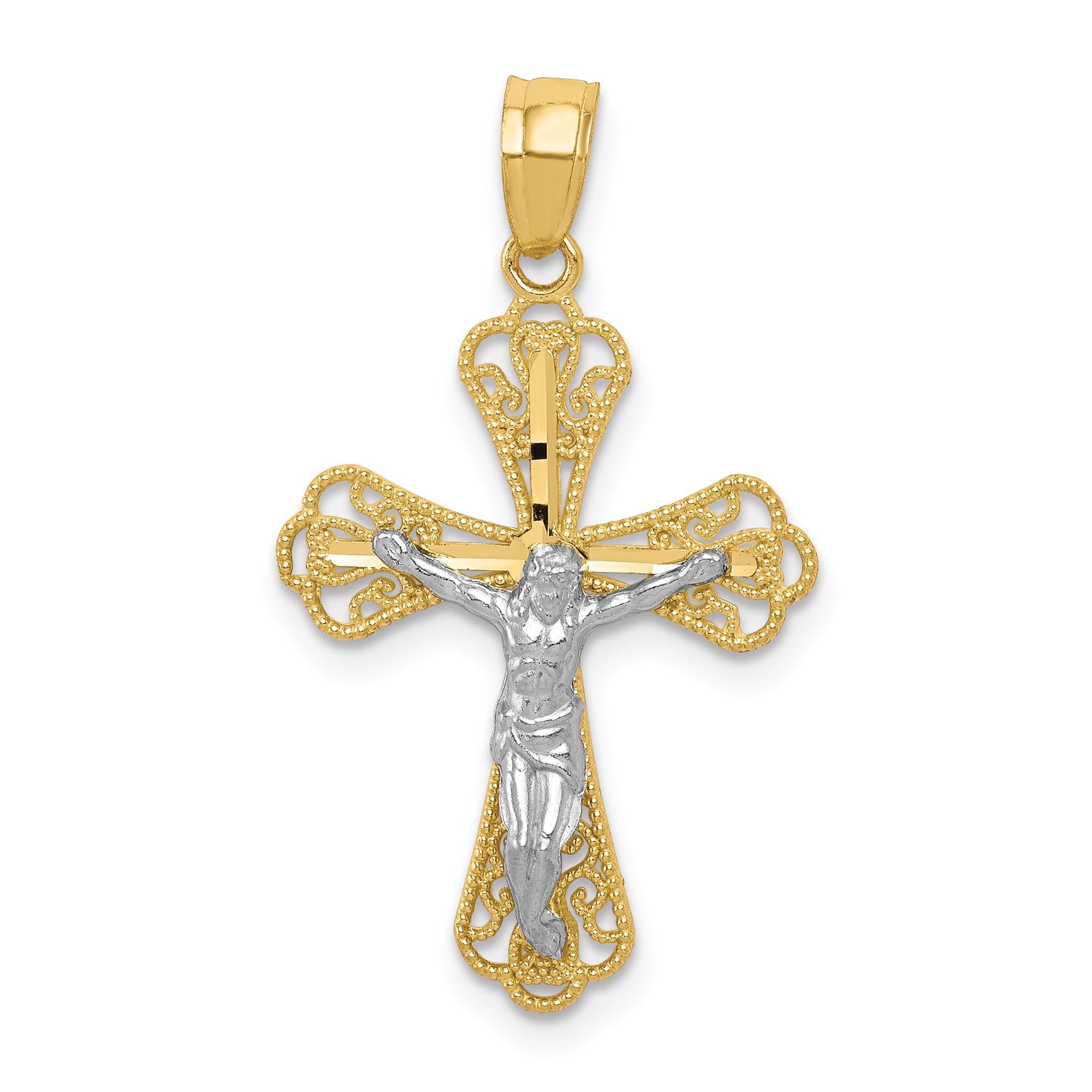 10K w/ Rhodium Filigree Crucifix Pendant