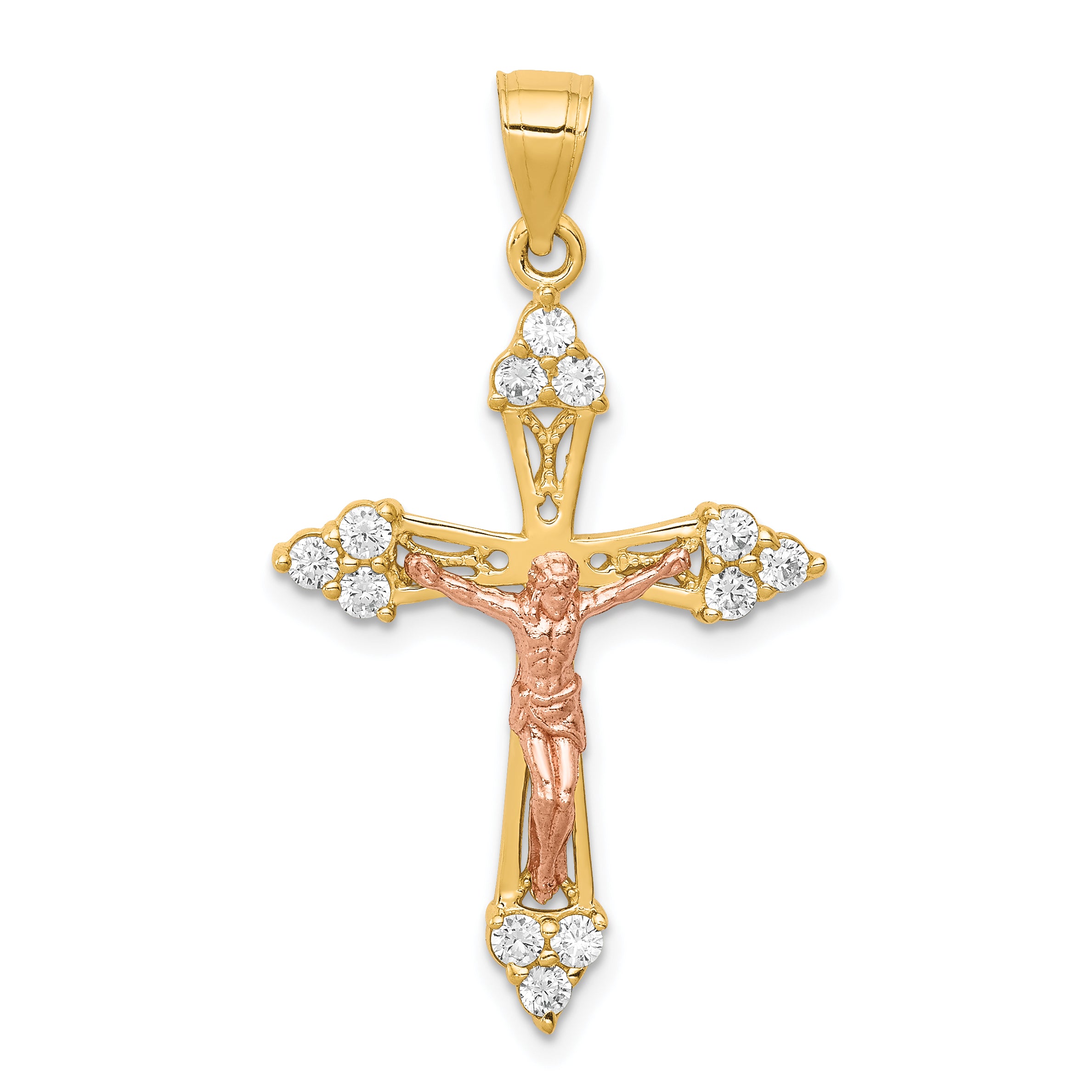 10k Two-tone CZ Crucifix Pendant