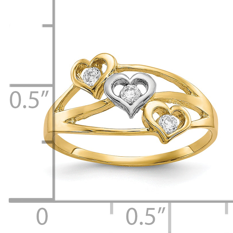 10K w/Rhodium Triple Heart 3 Stone CZ Ring