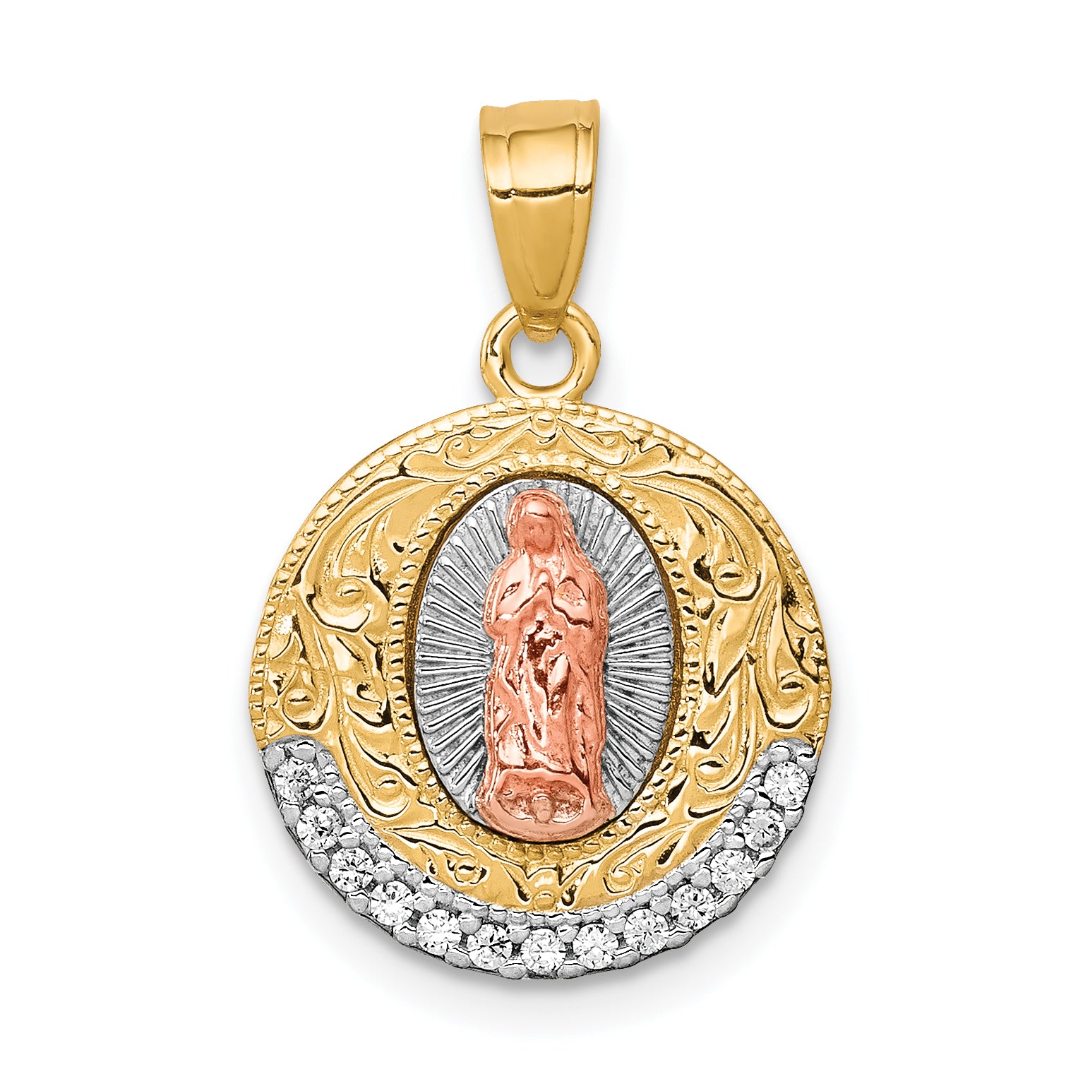 10K Two-Tone w/ Rhodium CZ Lady Of Guadalupe Round Pendant