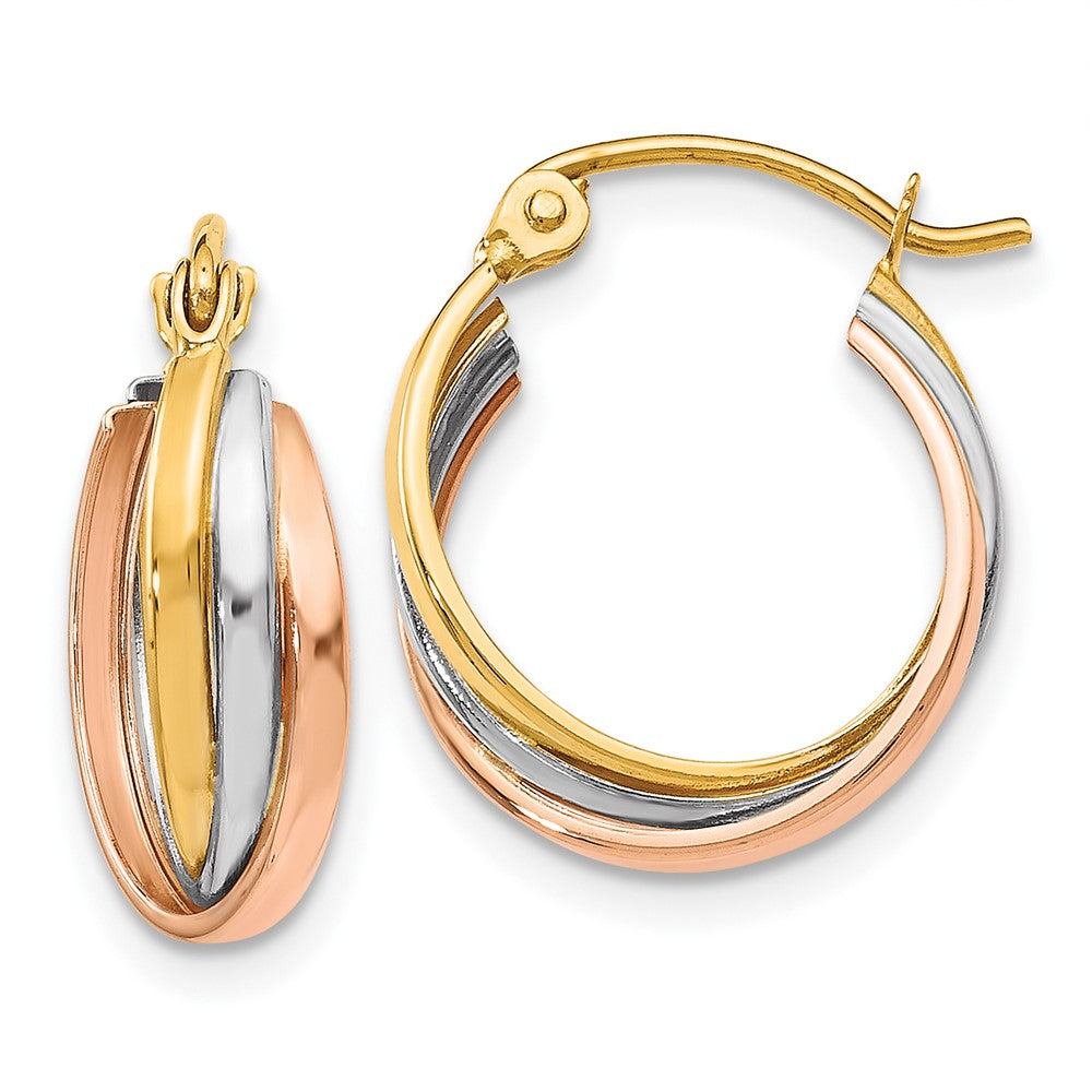 10K Tri-Color Polished Hinged Hoop Earrings