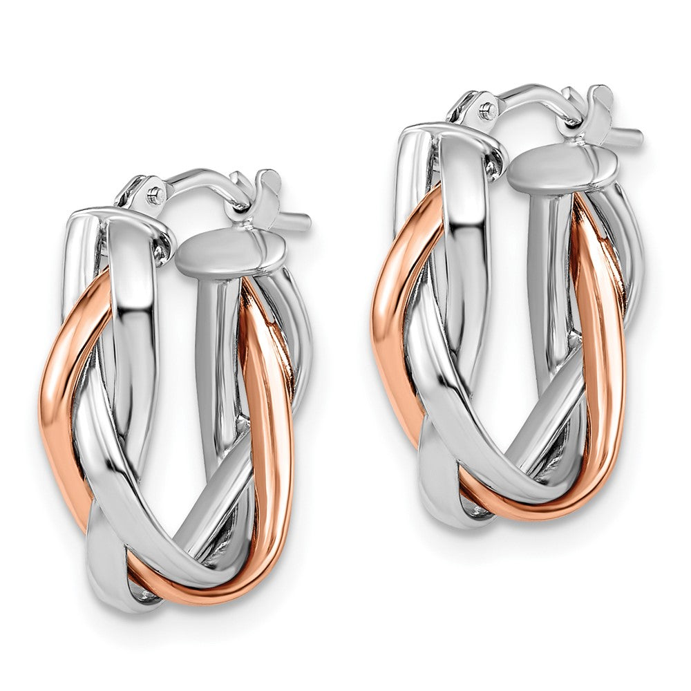 10K With White Rhodium And Rose Gold Plating Braided Hoop Earrings