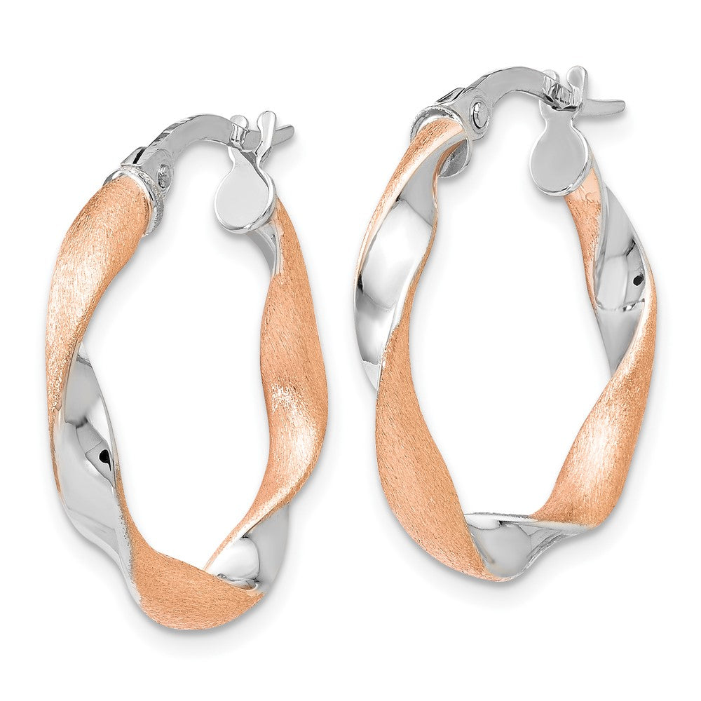 10K With White Rhodium And Rose Gold Plating Twisted Hoop Earrings