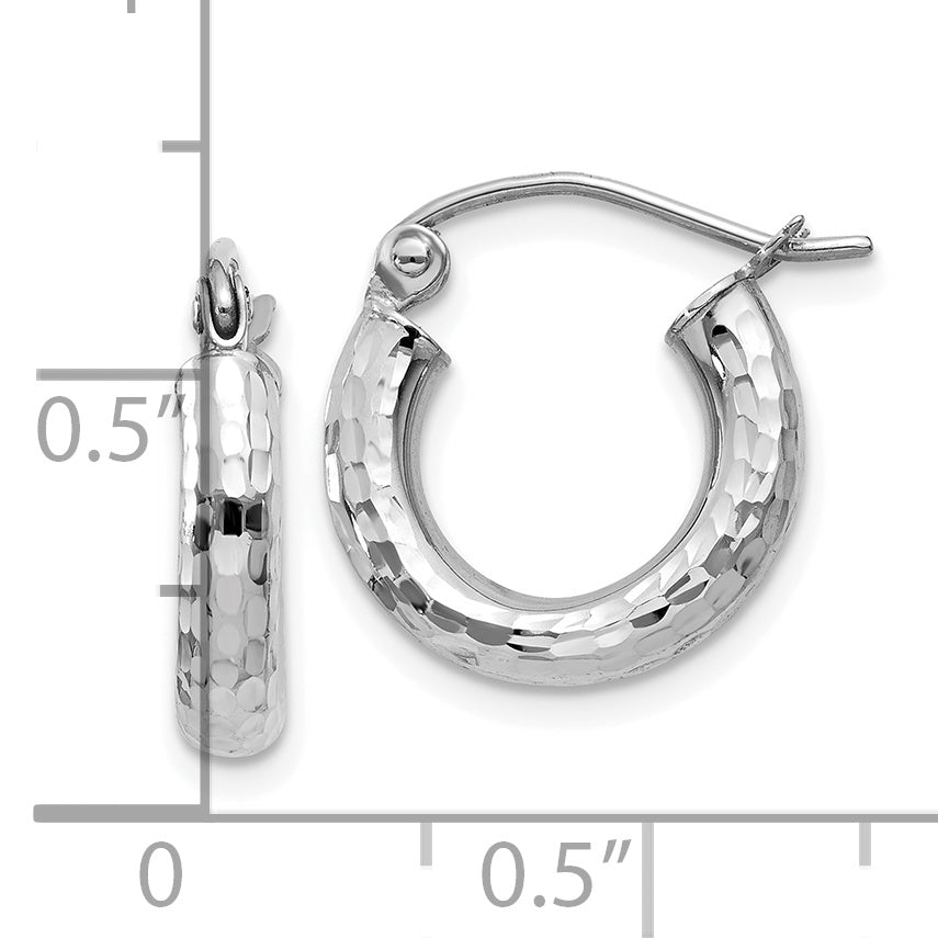 10k White Gold Diamond-cut 3mm Round Hoop Earrings