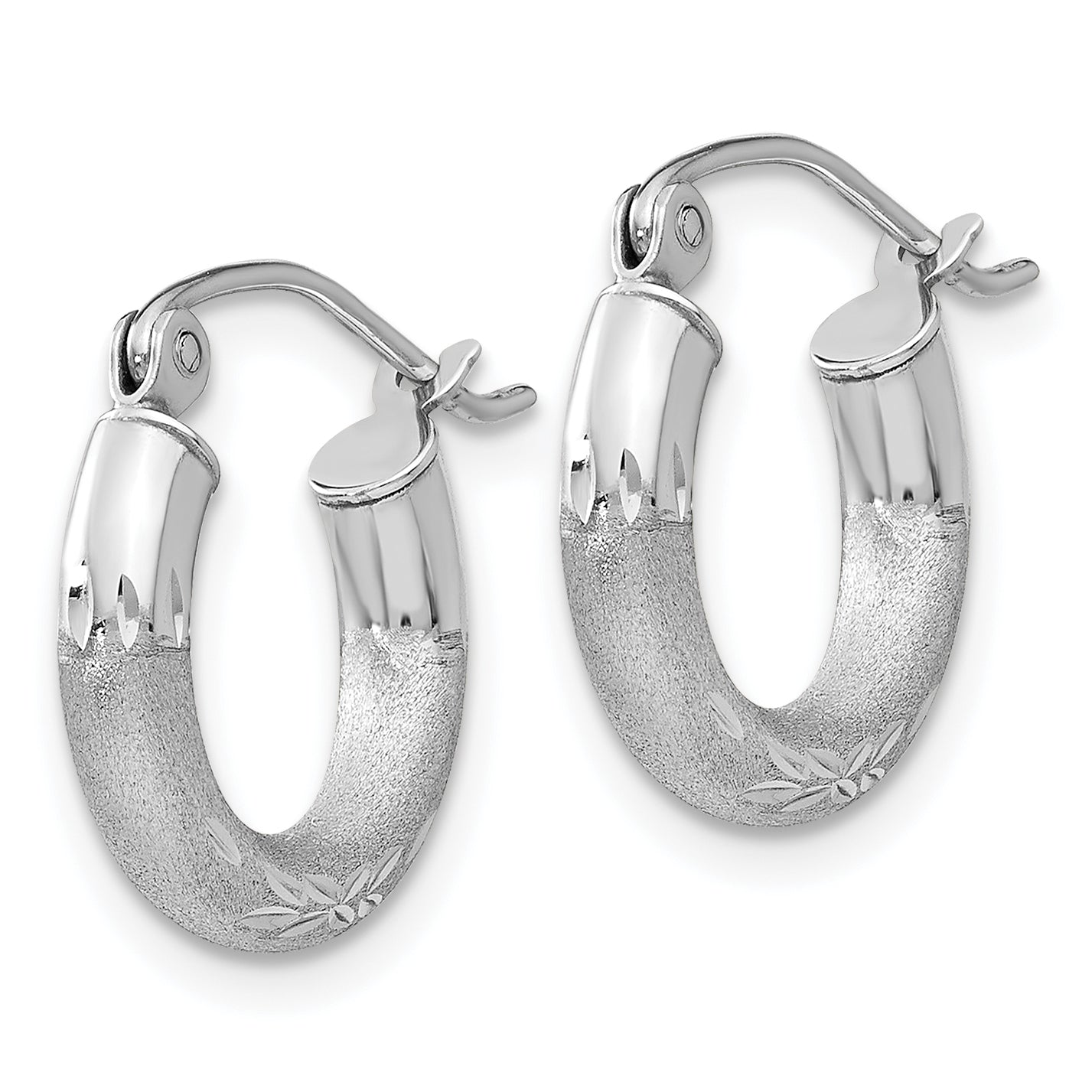 10k White Gold Satin & Diamond-cut 3mm Round Hoop Earrings
