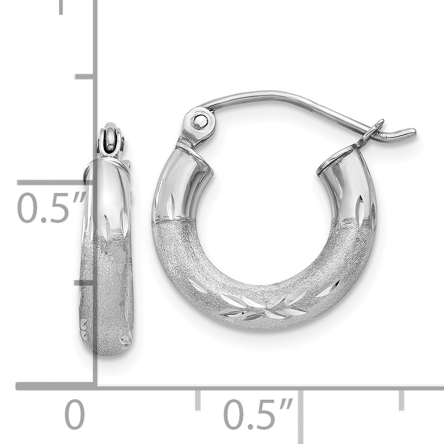 10k White Gold Satin & Diamond-cut 3mm Round Hoop Earrings