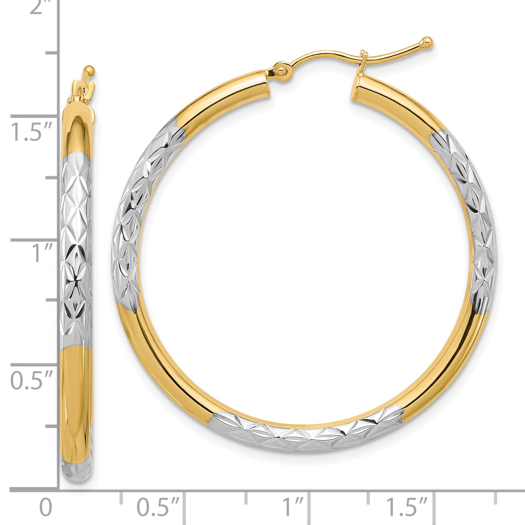 10K & Rhodium Diamond Cut 3mm Hoop Earrings