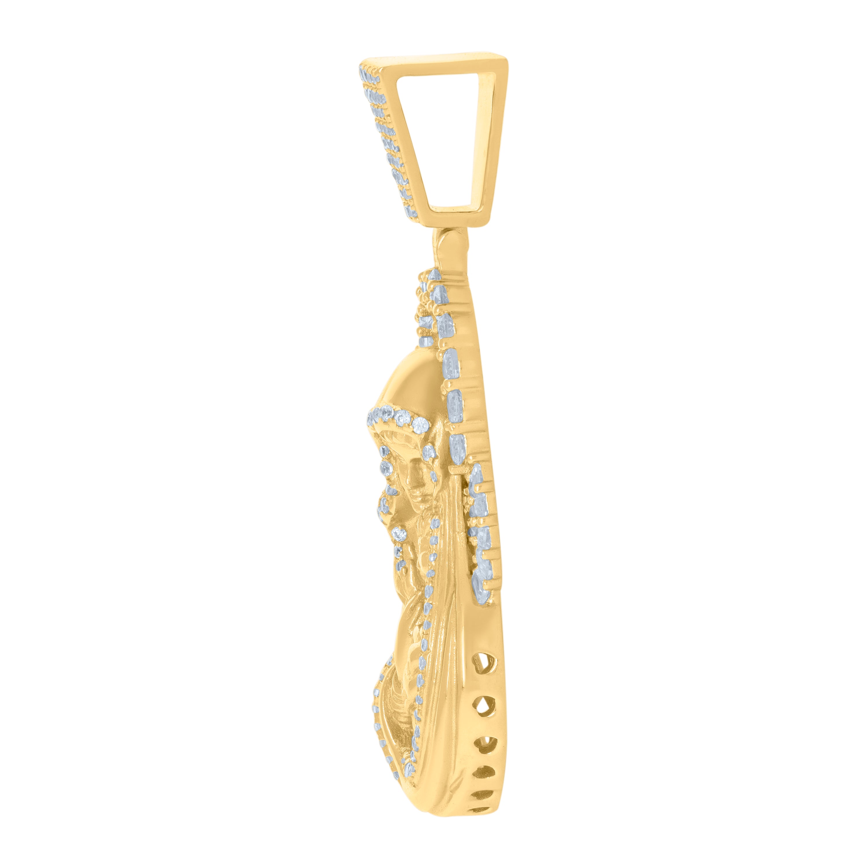 925 Sterling Silver Yellow-Tone Mens Round & Baguette Cubic-Zirconia Mother Marry Religious Charm Pendant