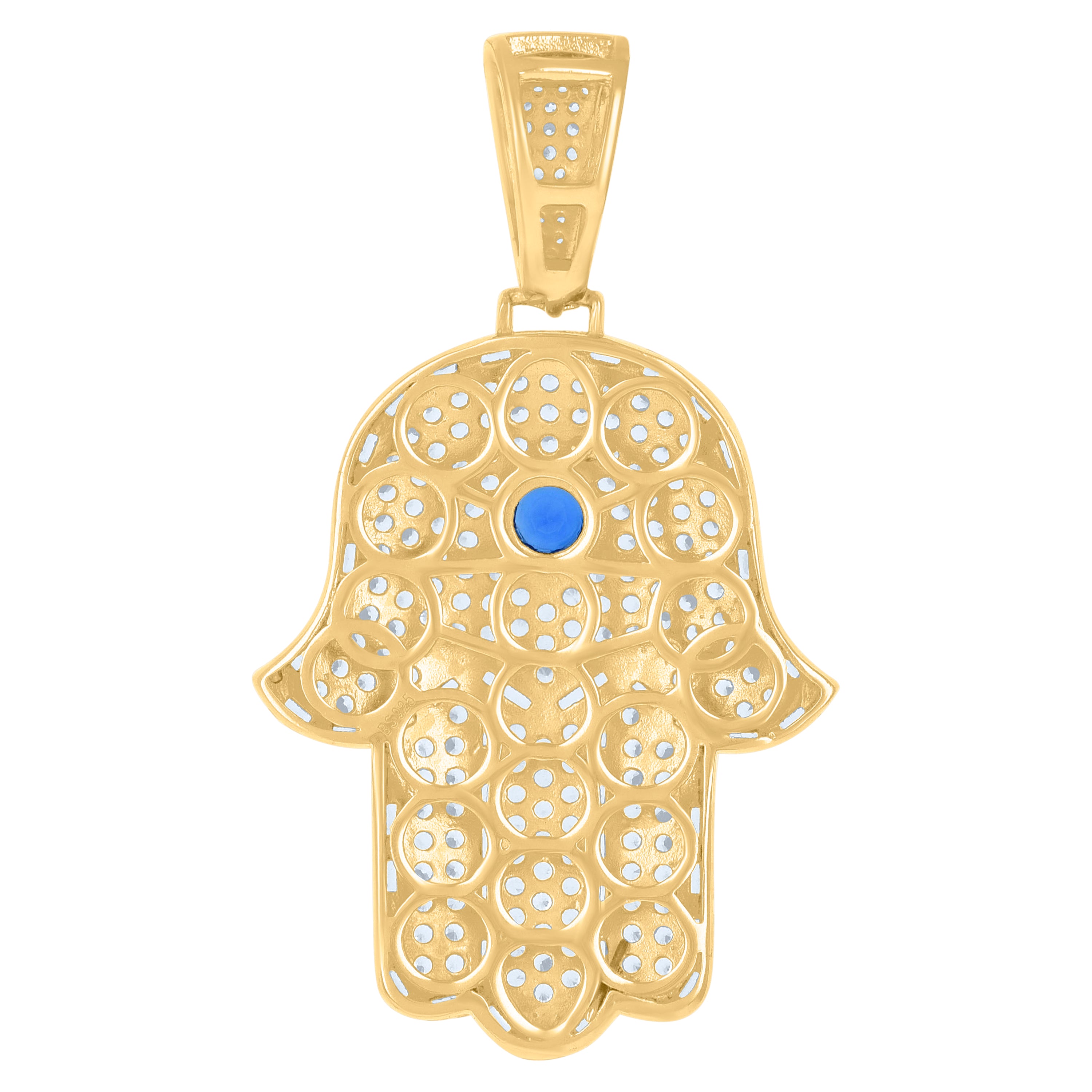 925 Sterling Silver Yellow-Tone Mens Blue White Baguette Round Cubic-Zirconia Hamsa Religious Charm Pendant