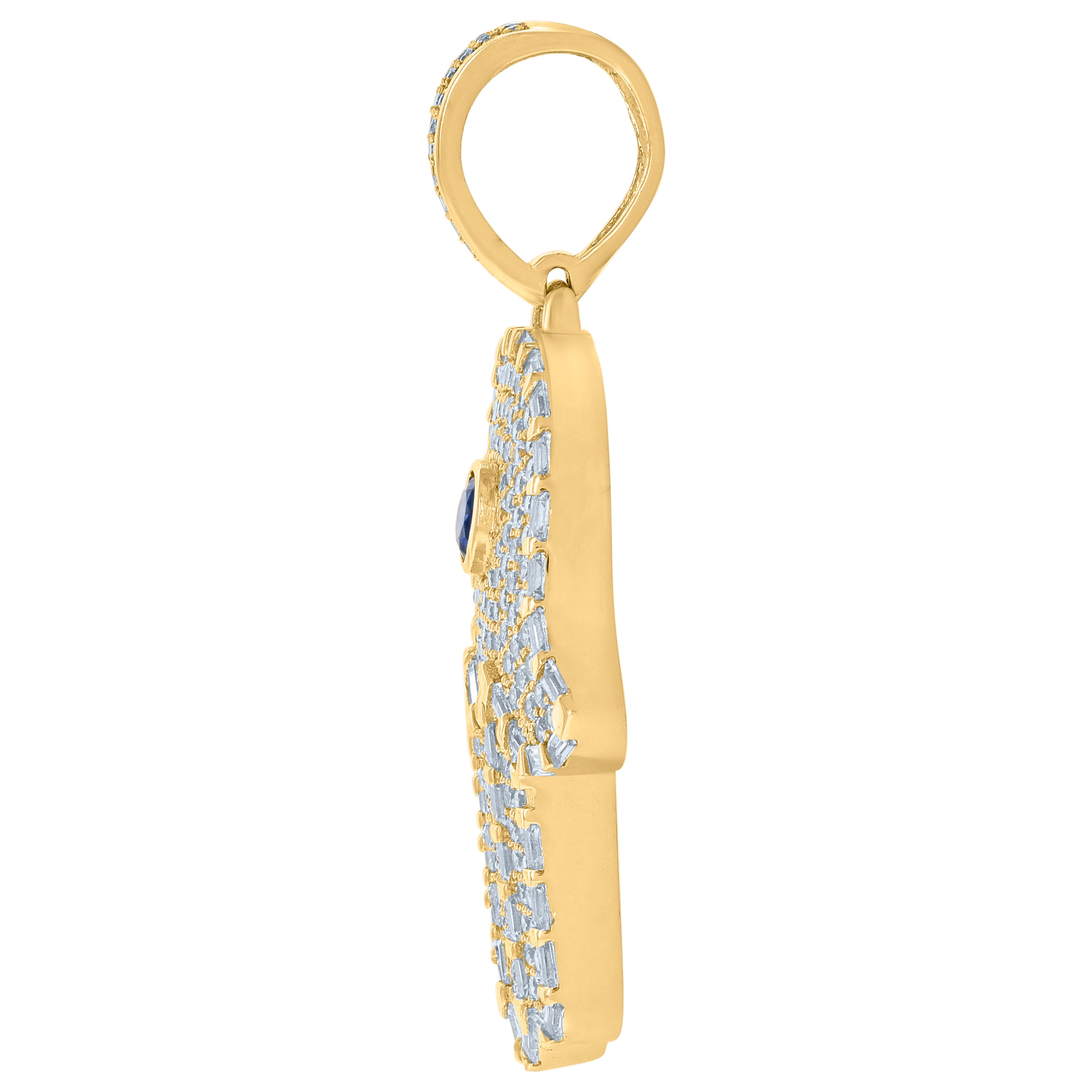 925 Sterling Silver Yellow-Tone Mens Blue White Baguette Round Cubic-Zirconia Hamsa Religious Charm Pendant