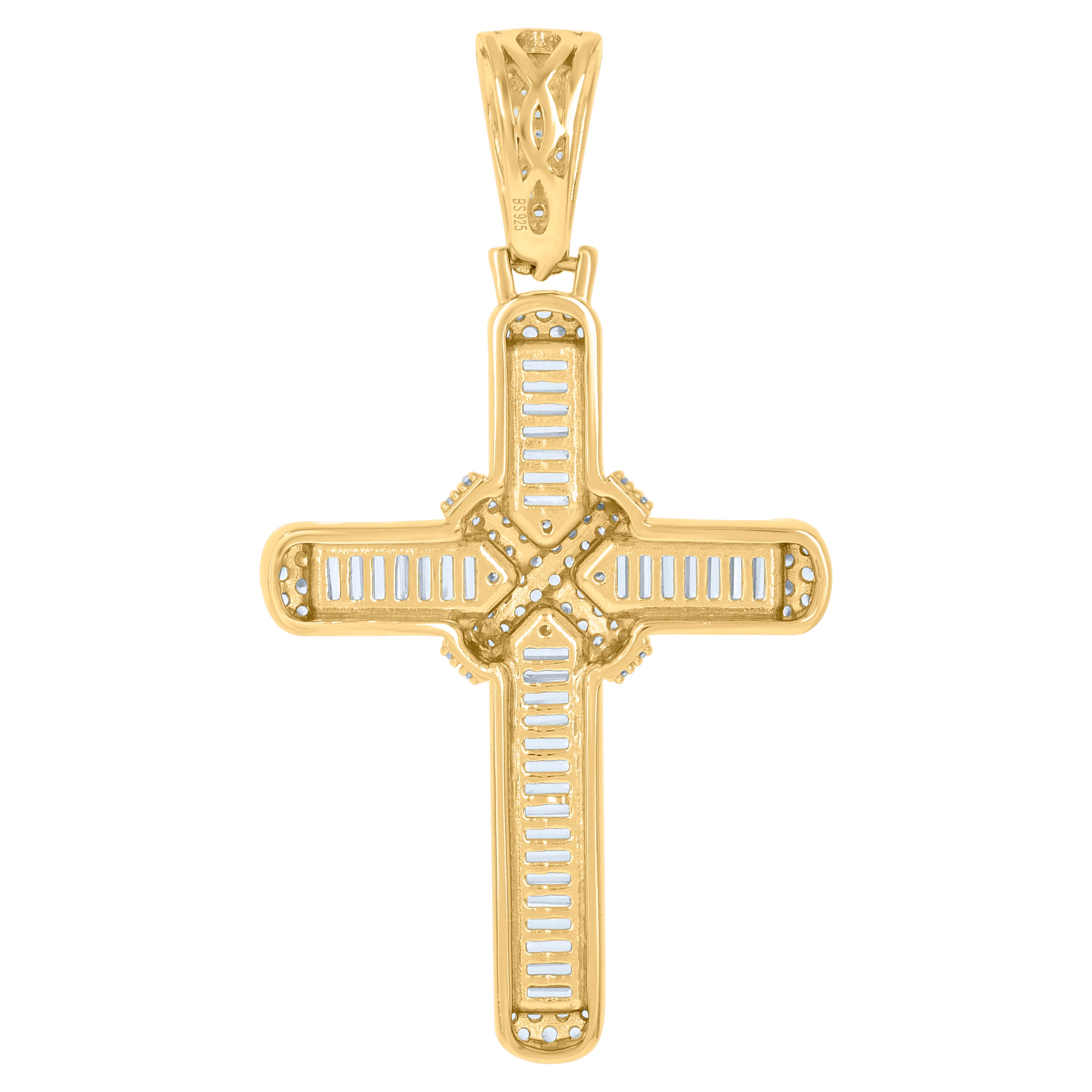 925 Sterling Silver Yellow-Tone Mens Baguette Round Cubic-Zirconia Cross Religious Charm Pendant