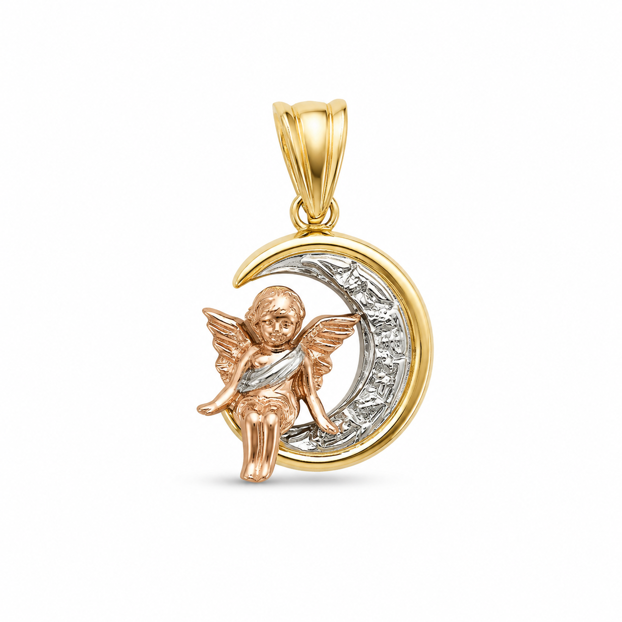 14KT Tri-Color Gold Angel on Moon Pendant [A3B4]