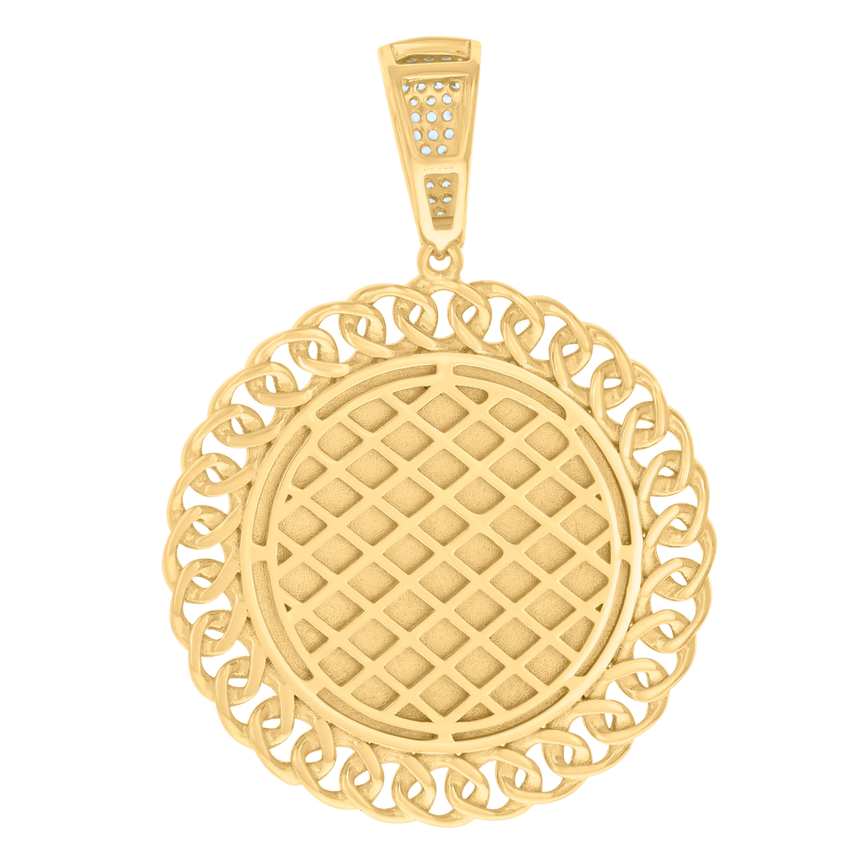 925 Sterling Silver Yellow-Tone Men Cubic-Zirconia Cuban Border Picture Frame Charm Pendant