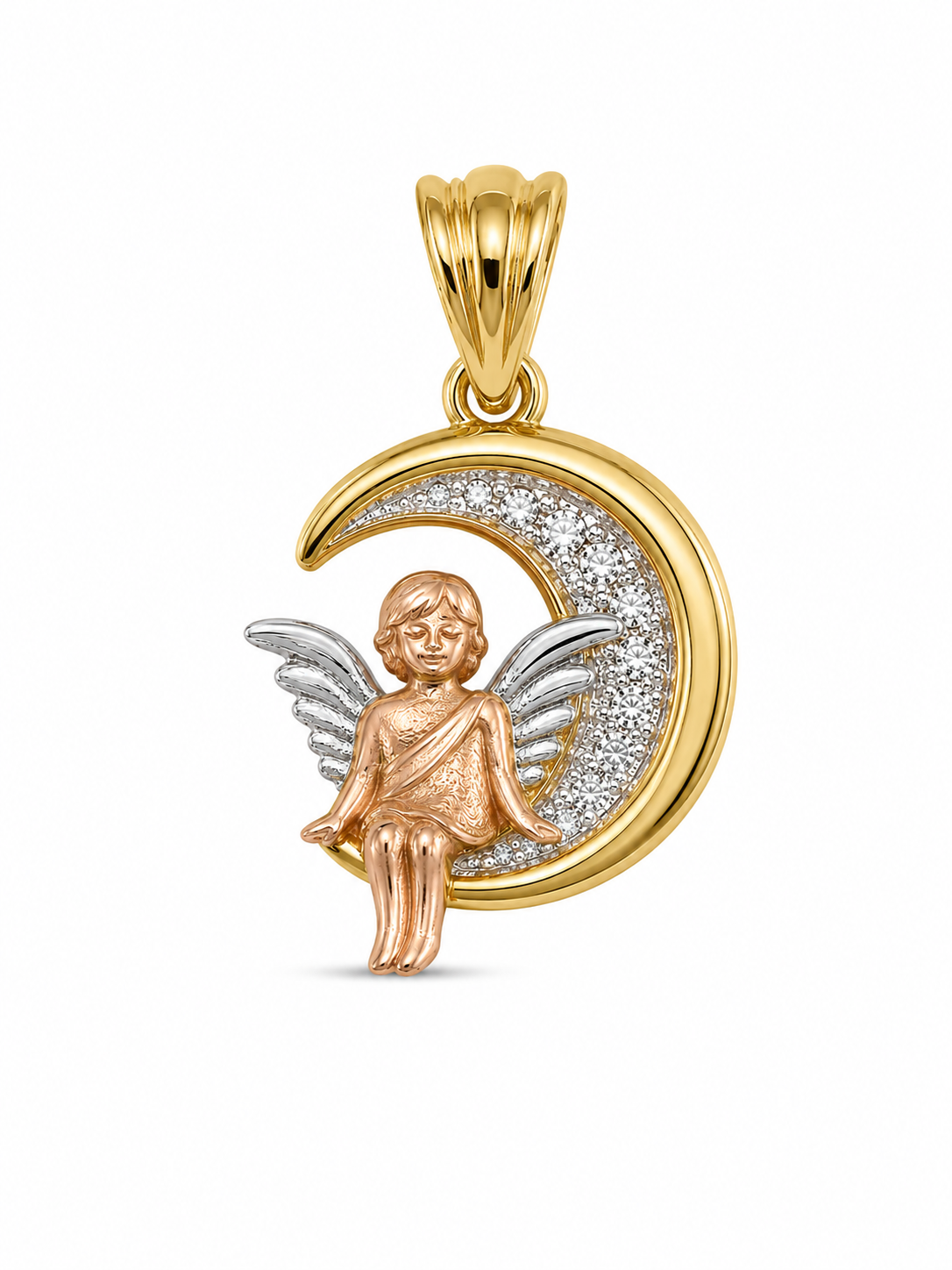 14KT Tri-Color Gold Angel on Moon Pendant [A2B4]