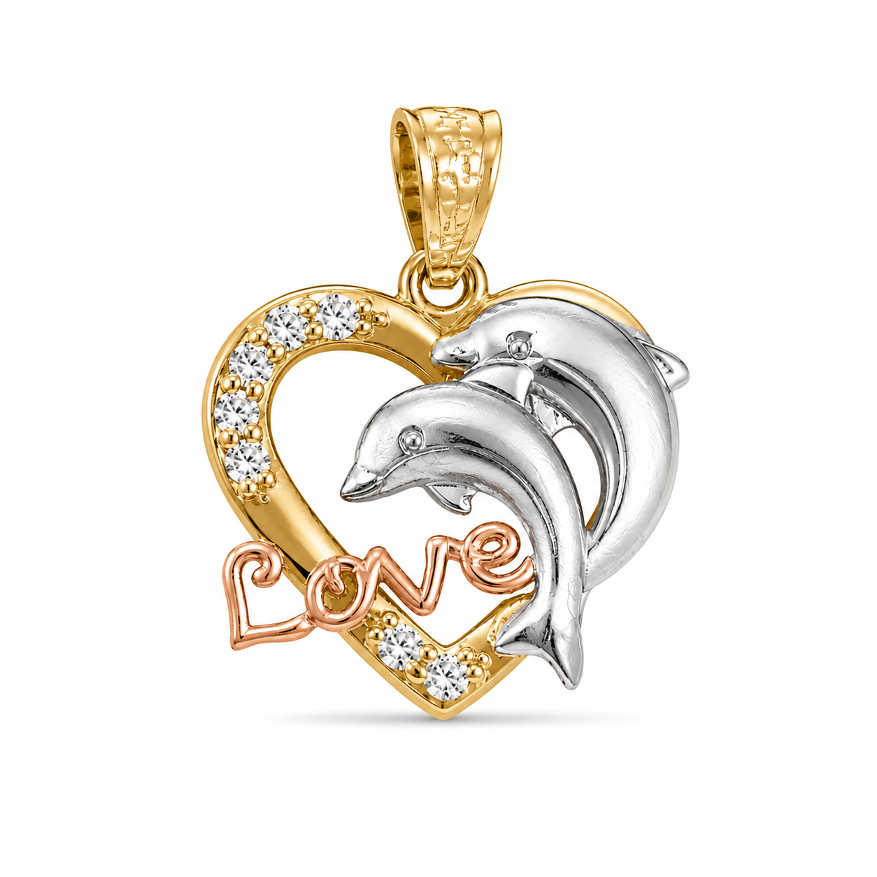 14KT Tri-Color Love Dolphin Heart Pendant [A3B1]