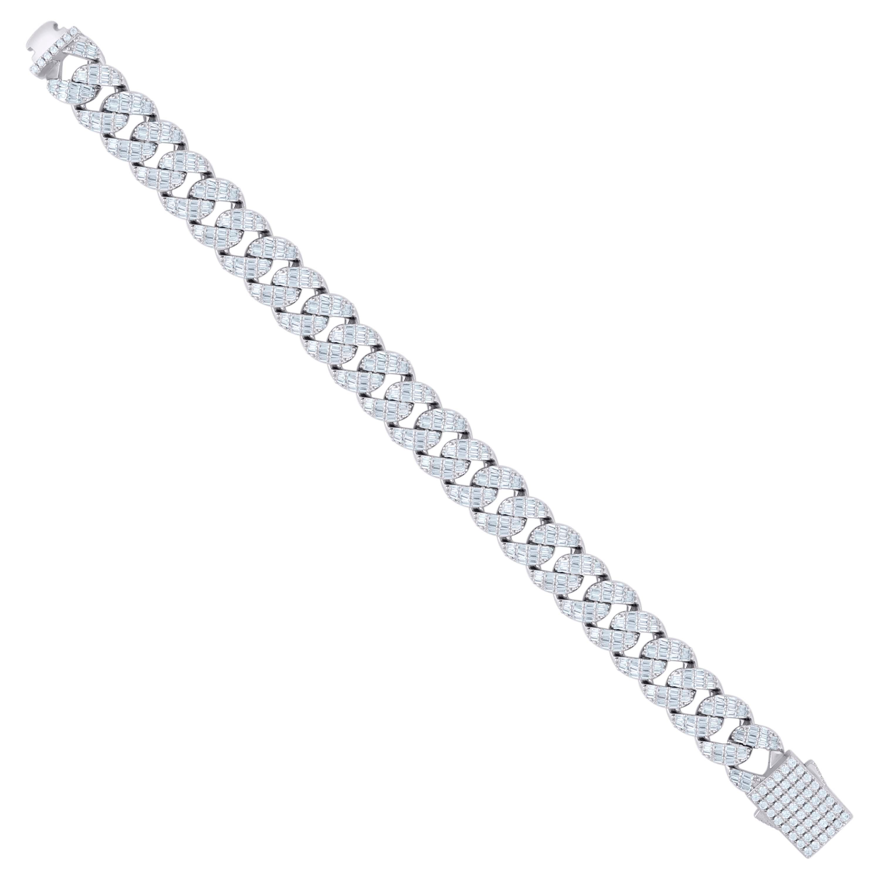 925 Sterling Silver Baguette Round Cubic-Zirconia Fancy Cuban Chain Bracelet