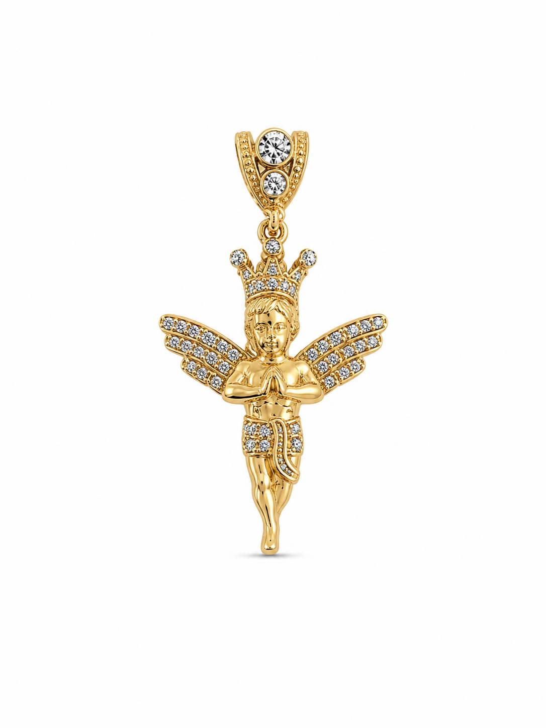 10KT Yellow Gold Praying Crown Angel CZ Pendant [A3B2]