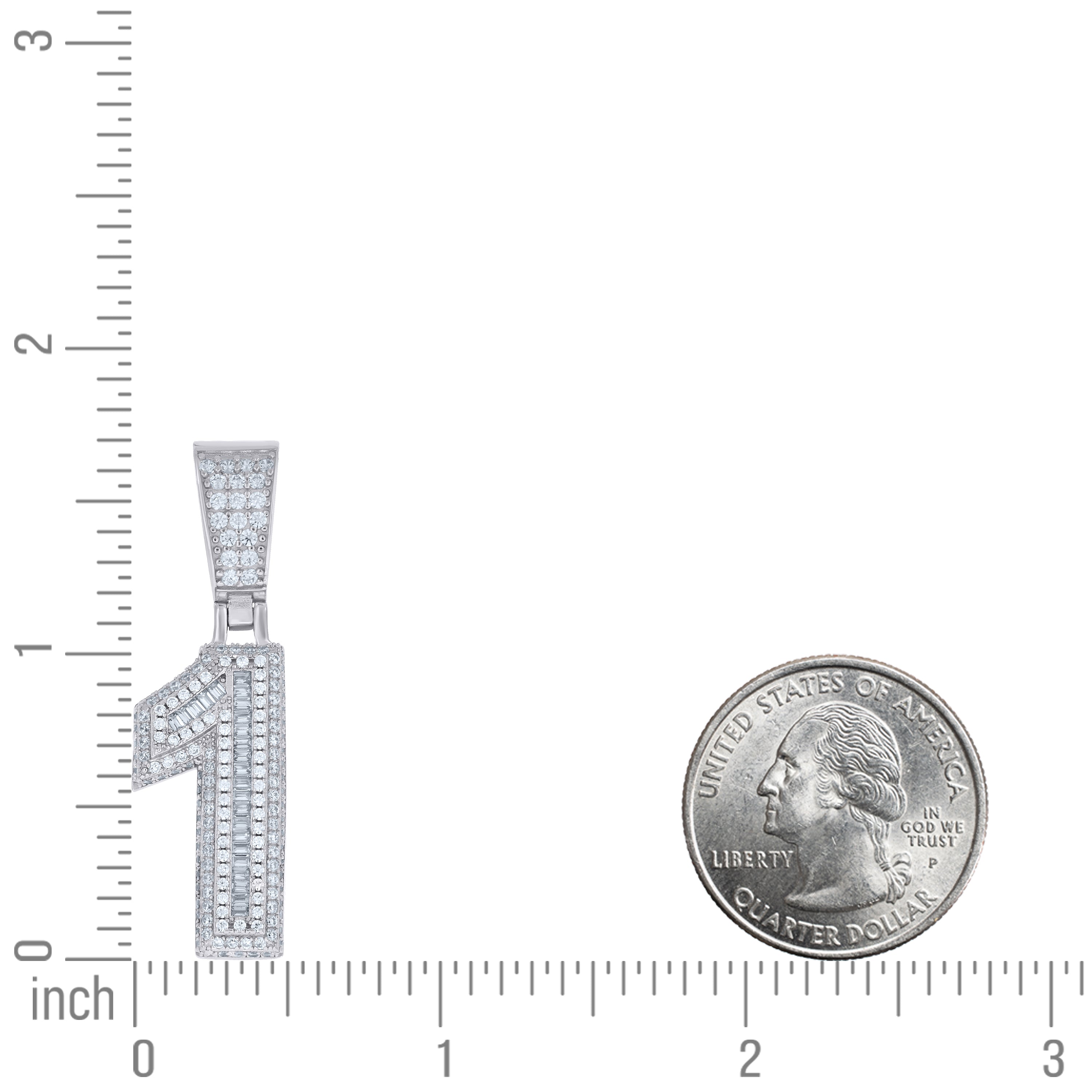 925 Sterling Silver Unisex Round Baguette Cubic-Zirconia Initial Number 1 Charm Pendant