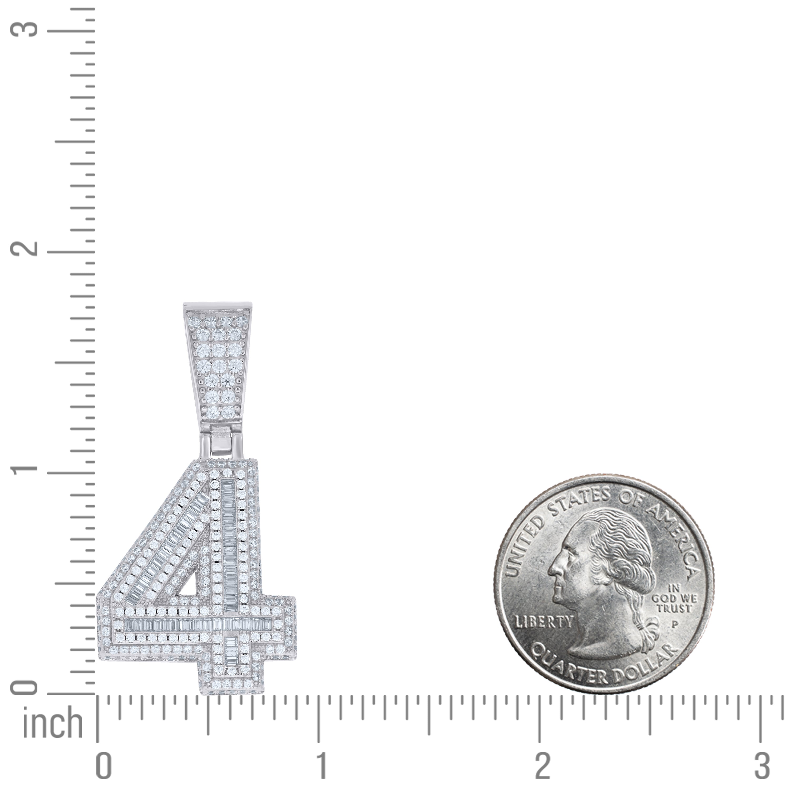 925 Sterling Silver Unisex Round Baguette Cubic-Zirconia Initial Number 4 Charm Pendant