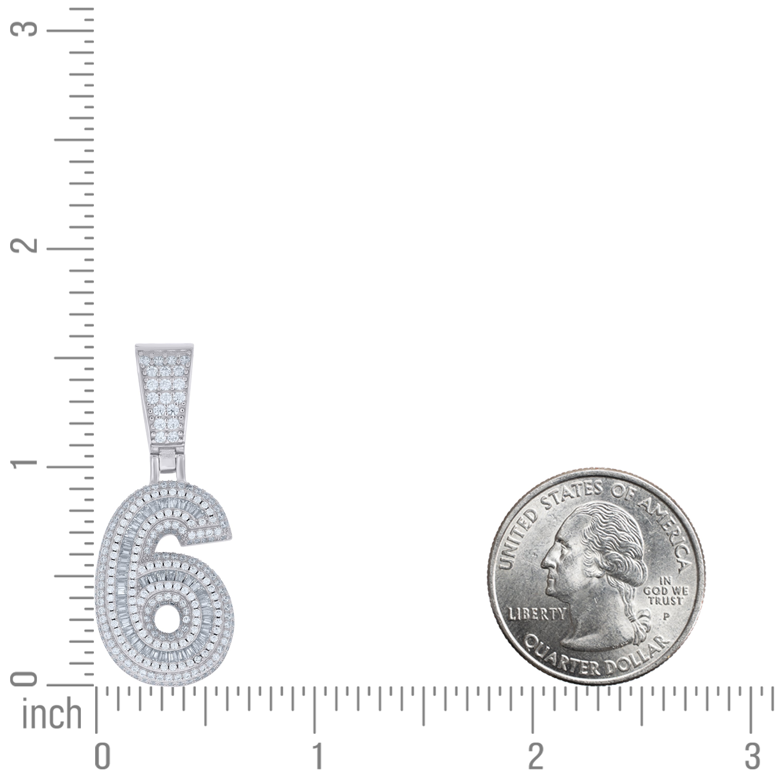 925 Sterling Silver Unisex Round Baguette Cubic-Zirconia Initial Number 6 Charm Pendant