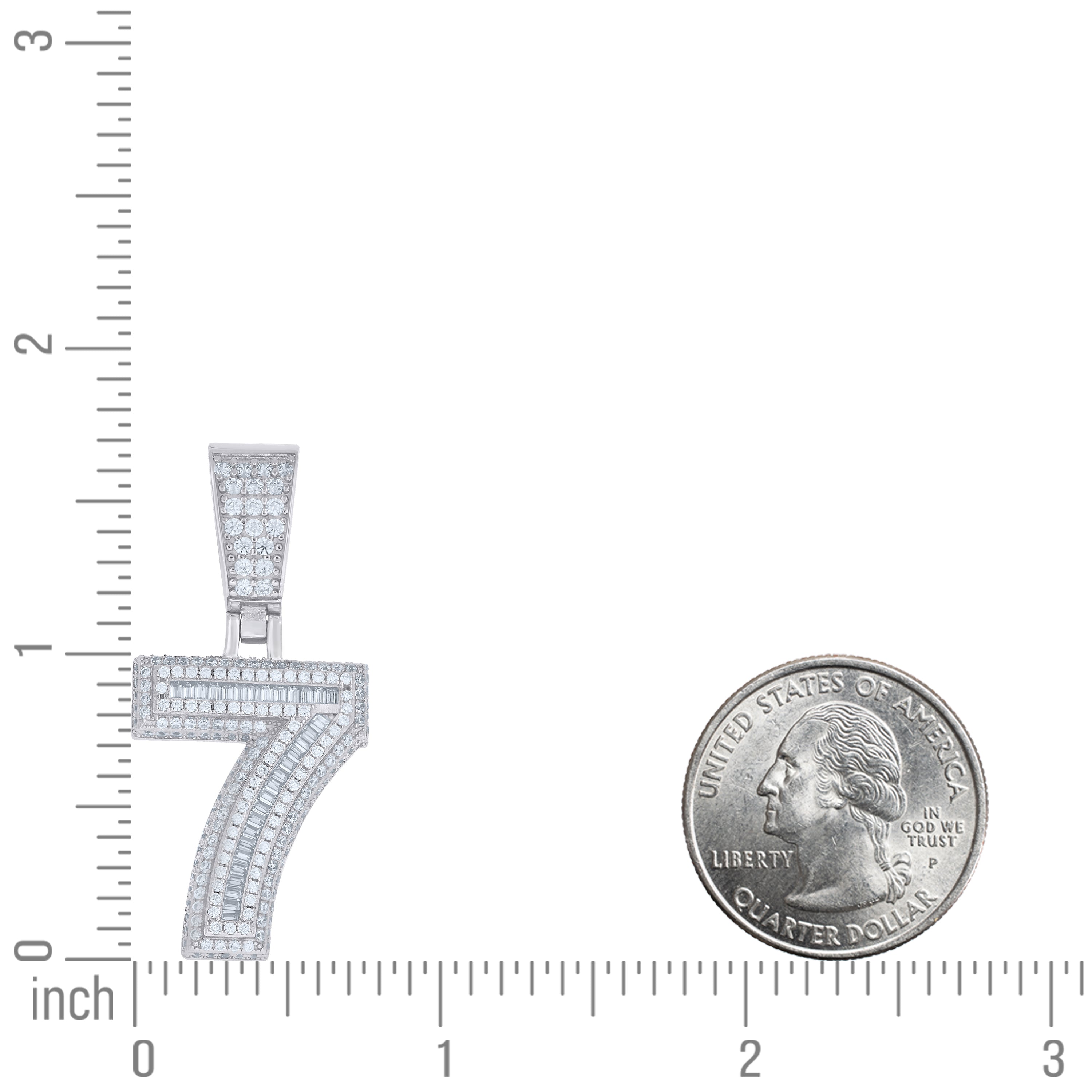 925 Sterling Silver Unisex Round Baguette Cubic-Zirconia Initial Number 7 Charm Pendant