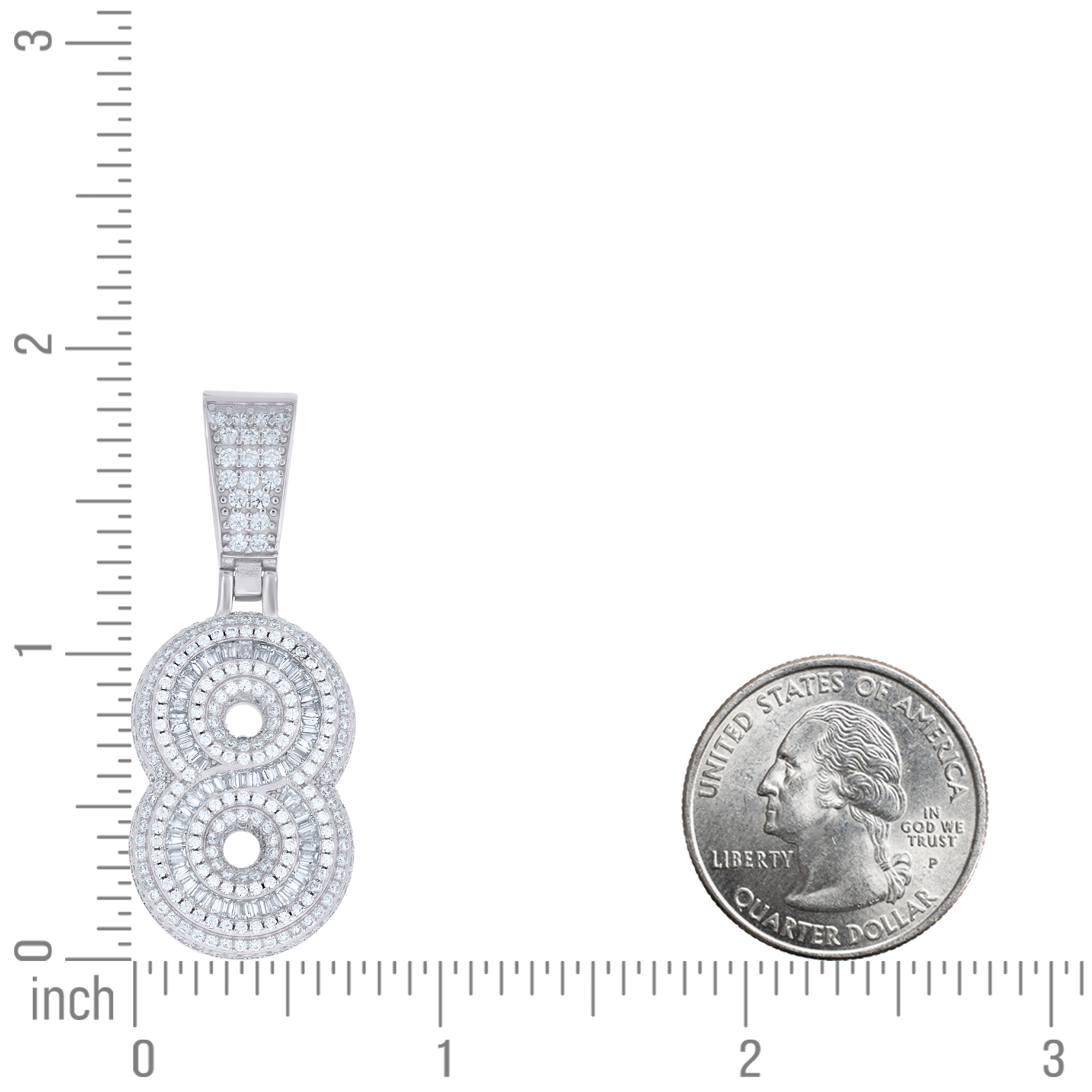 925 Sterling Silver Unisex Round Baguette Cubic-Zirconia Initial Number 8 Charm Pendant