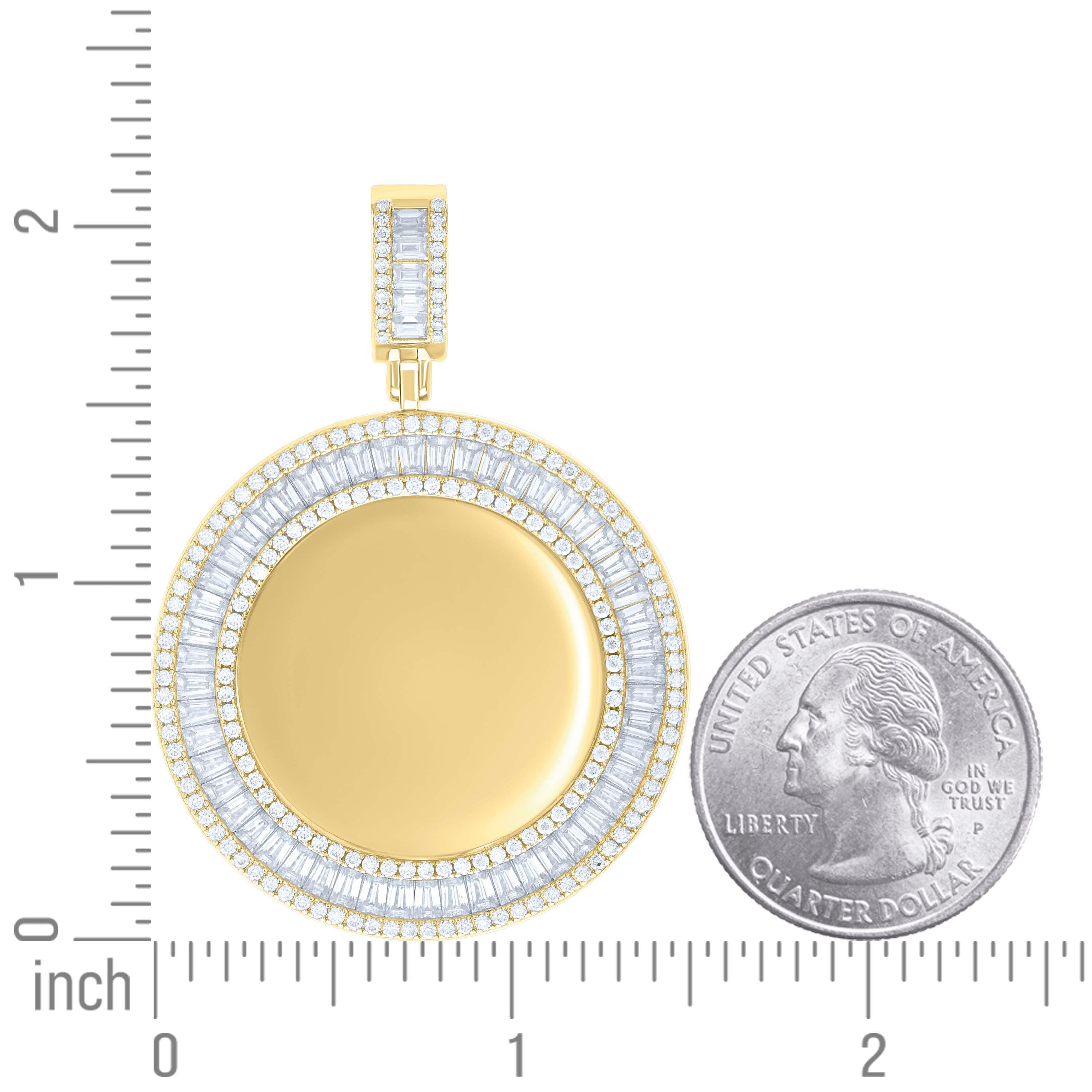 925 Sterling Silver Yellow-tone Unisex Round Baguette Cubic-Zirconia Memory Circle Photo Frame Charm Pendant