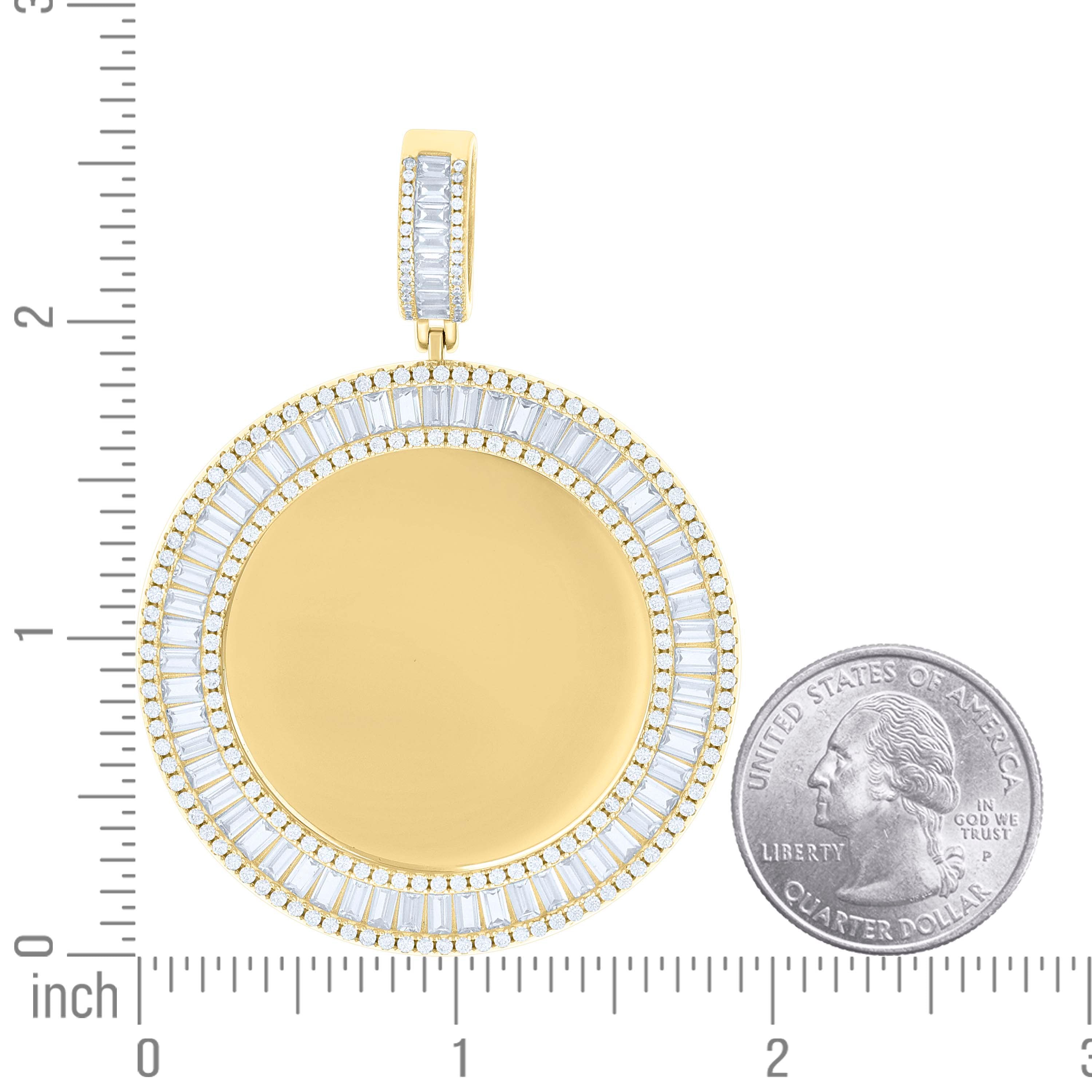 925 Sterling Silver Yellow-tone Unisex Round Baguette Cubic-Zirconia Memory Circle Photo Frame Charm Pendant