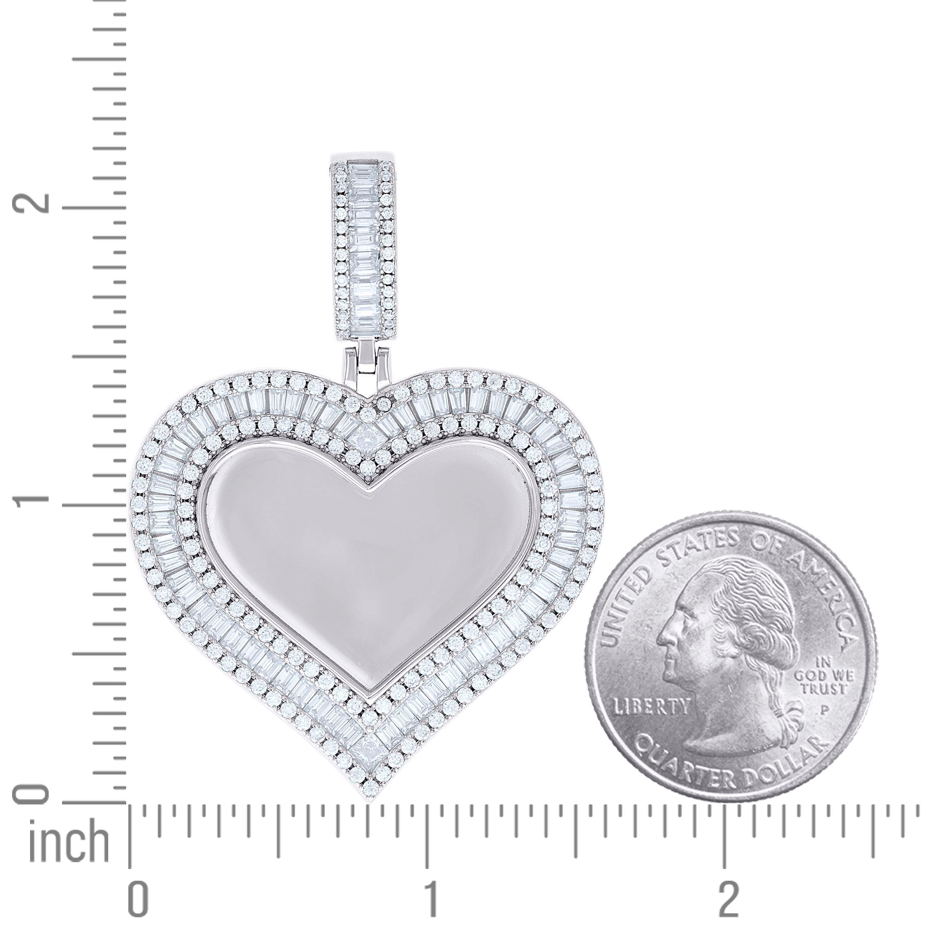925 Sterling Silver Women Round Baguette Cubic-Zirconia Heart Photo Frame Charm Pendant