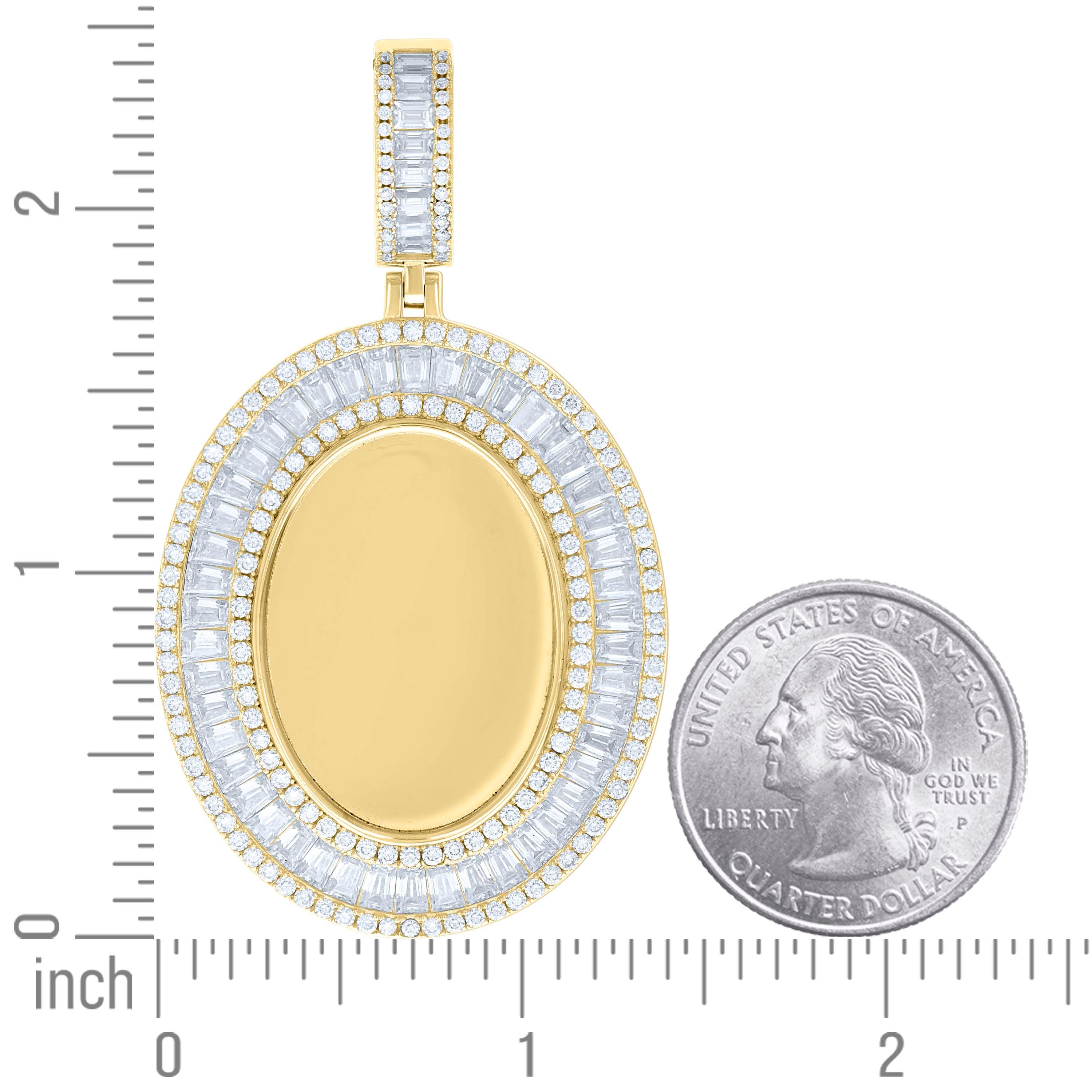 925 Sterling Silver Yellow-tone Unisex Round Baguette Cubic-Zirconia Oval Photo Frame Charm Pendant