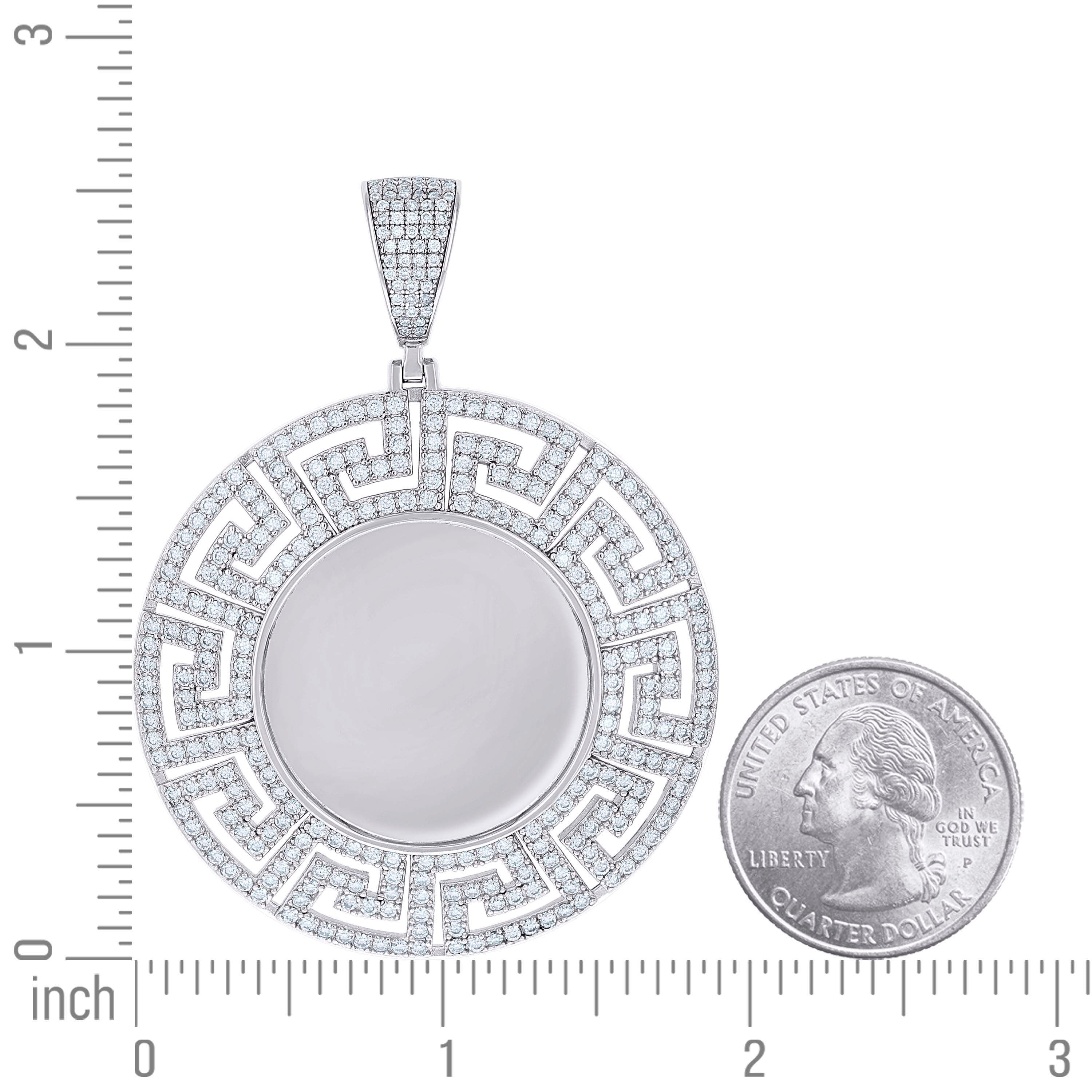 925 Sterling Silver Unisex Cubic-Zirconia Greek Key Memory Circle Photo Frame Charm Pendant