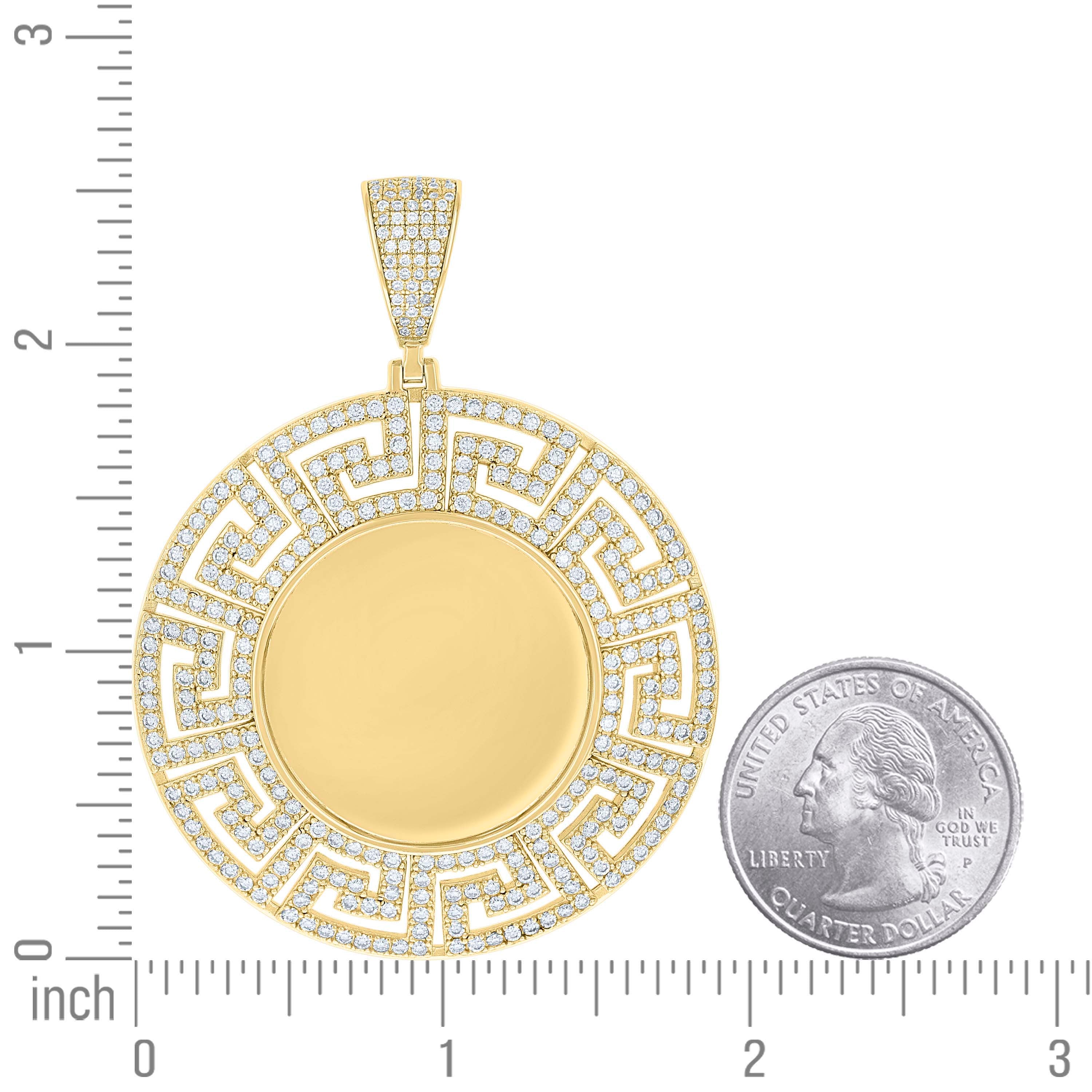 925 Sterling Silver Yellow-tone Unisex Cubic-Zirconia Greek Key Memory Circle Photo Frame Charm Pendant