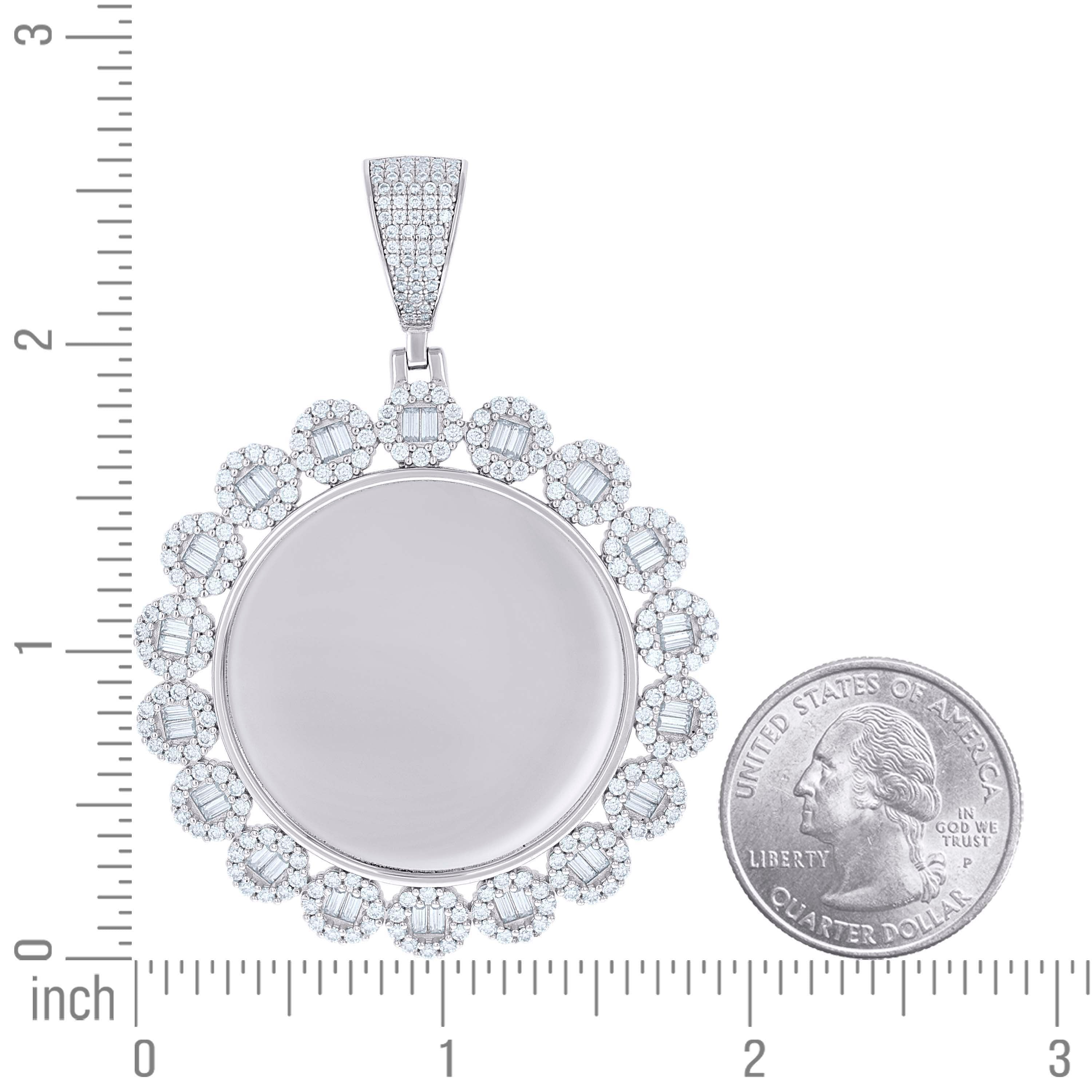 925 Sterling Silver Unisex Round Baguette Cubic-Zirconia Memory Circle Photo Frame Charm Pendant