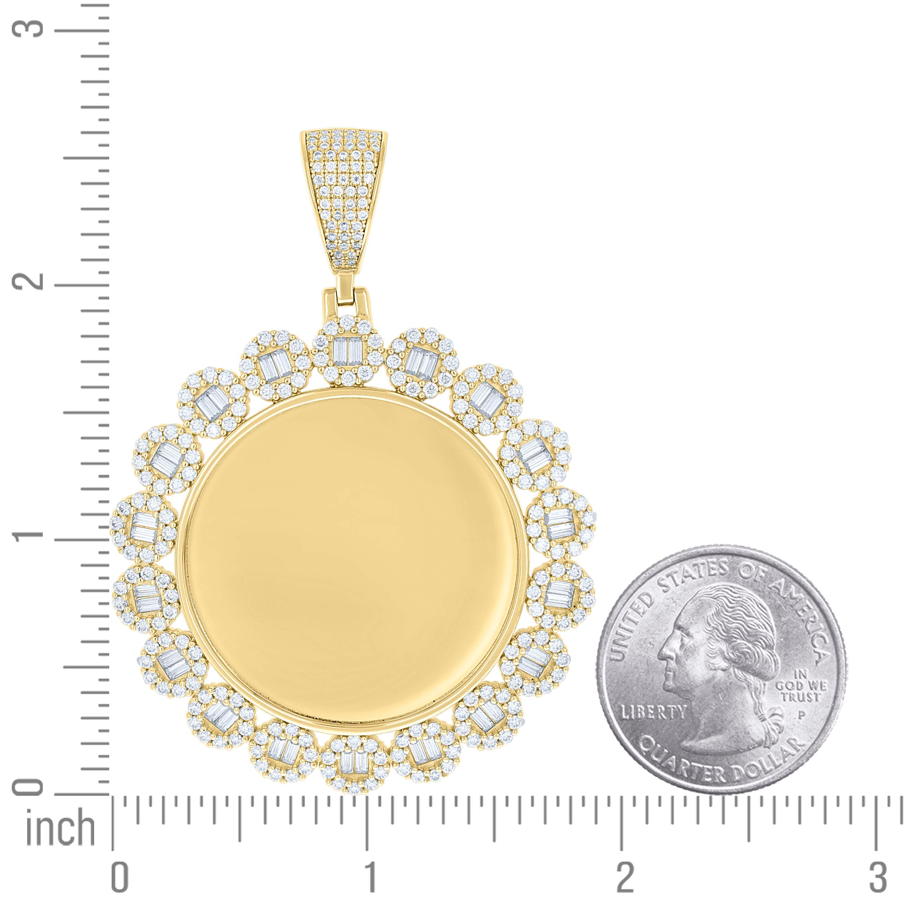 925 Sterling Silver Yellow-tone Unisex Round Baguette Cubic-Zirconia Memory Circle Photo Frame Charm Pendant